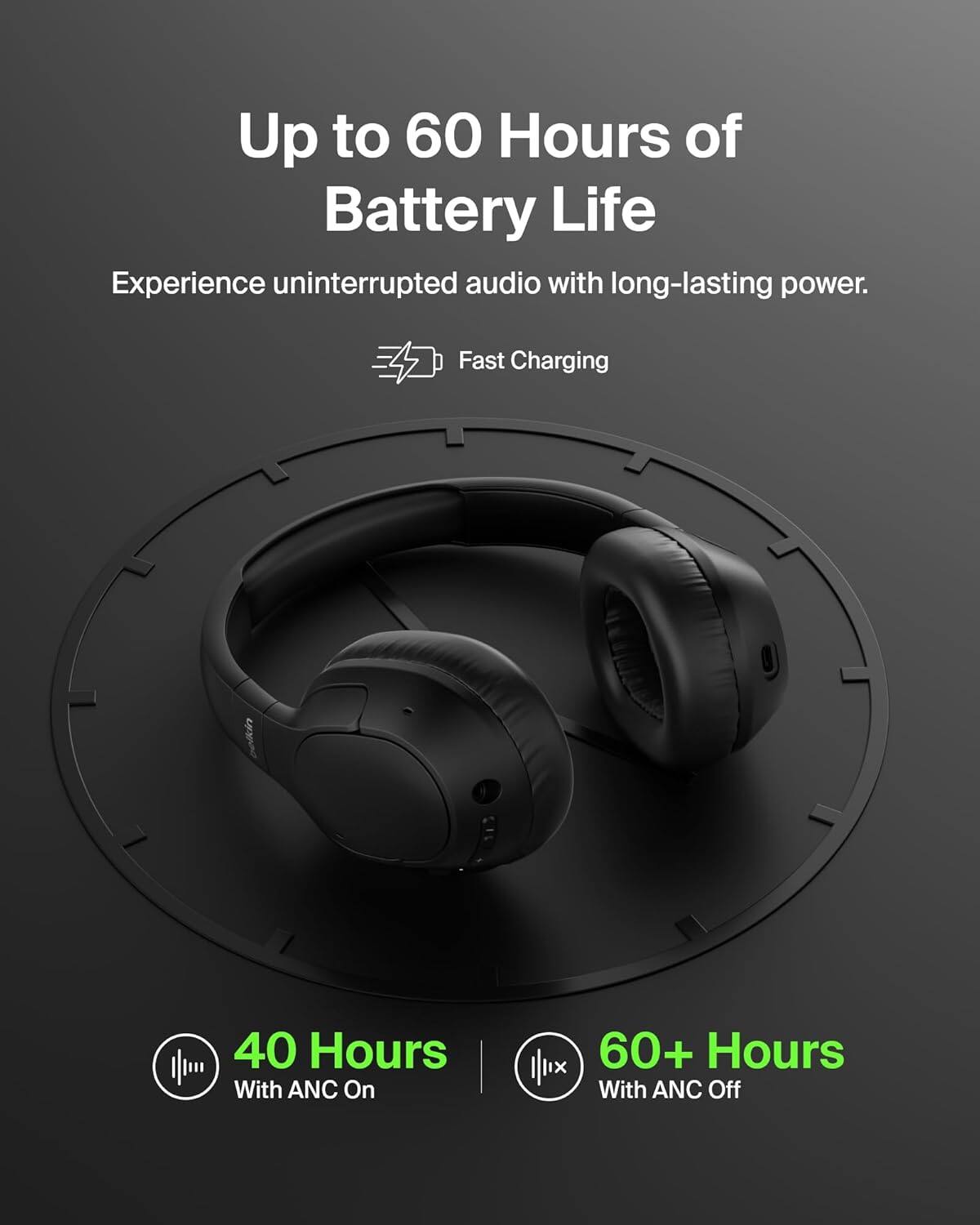 Up to 60 Hours of Battery Life

Experience uninterrupted audio with long-lasting power.

Fast Charging

40 Hours With ANC On

60+ Hours With ANC Off