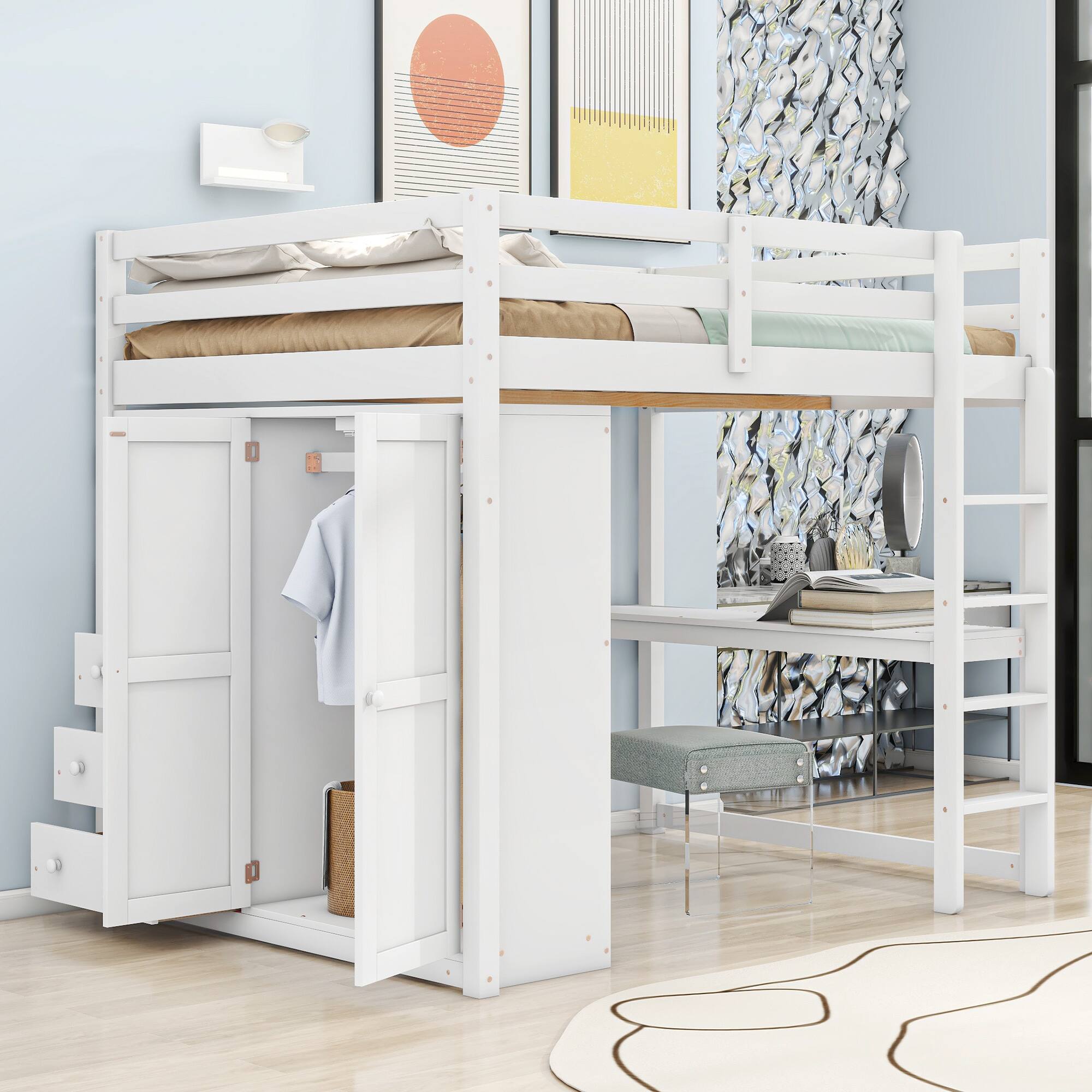 Left. Whisen - Full Size Loft Bed with Wardrobe, Desk, Storage Shelves and Drawers, Wood Bedroom Furniture - White.