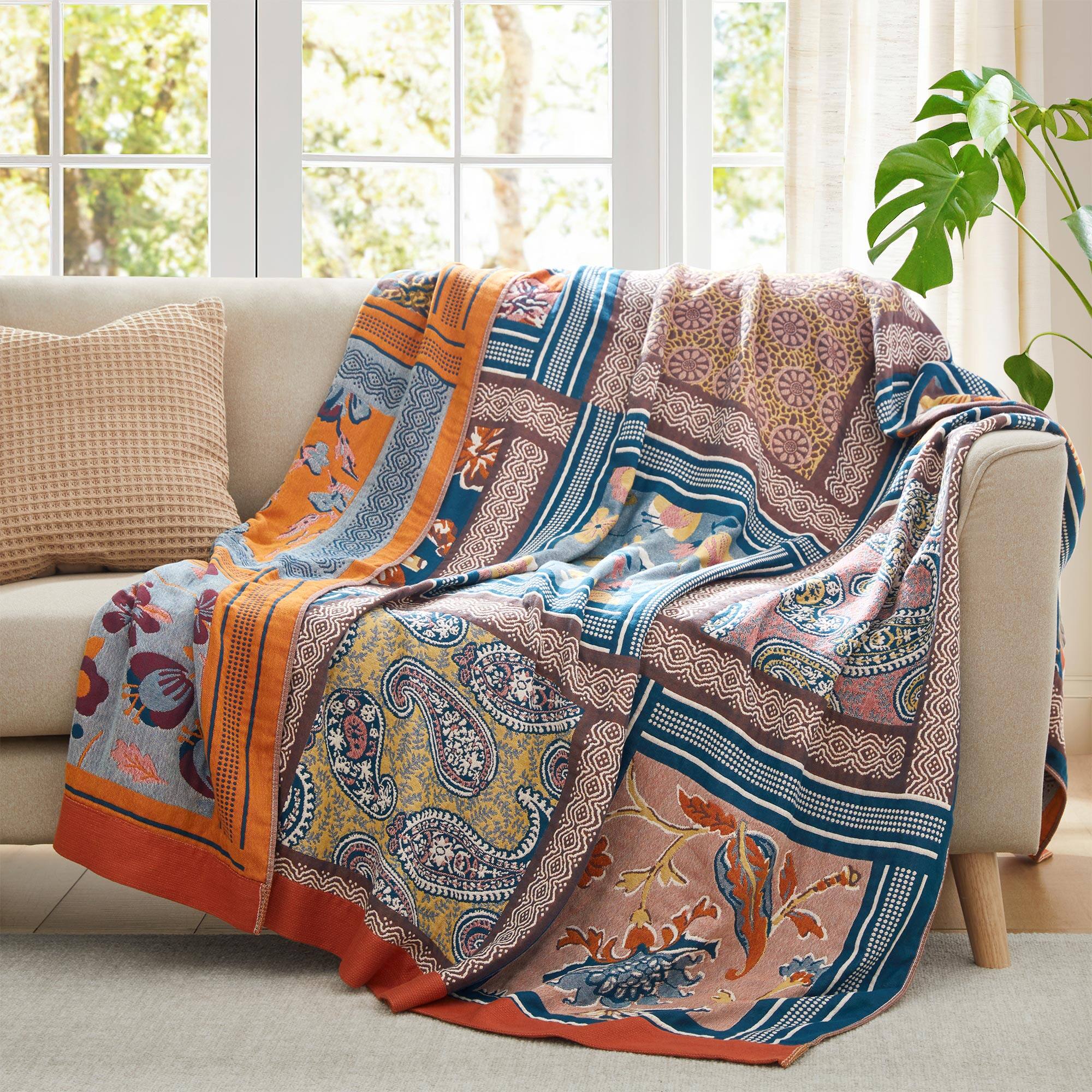 Front. Peace Nest - Peace Nest 100% Cotton Boho Throw Blanket Rustic Home Decor Patchwork Design, Patchwork, 60x80 inches - Patchwork.