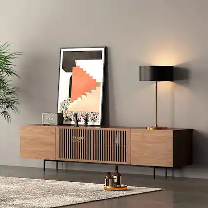 Front. POVISON - 71" Modern Wood TV Stand, Minimalist Slatted Media Console with Tall-cast Metal Legs, Walnut Veneer - Walnut.