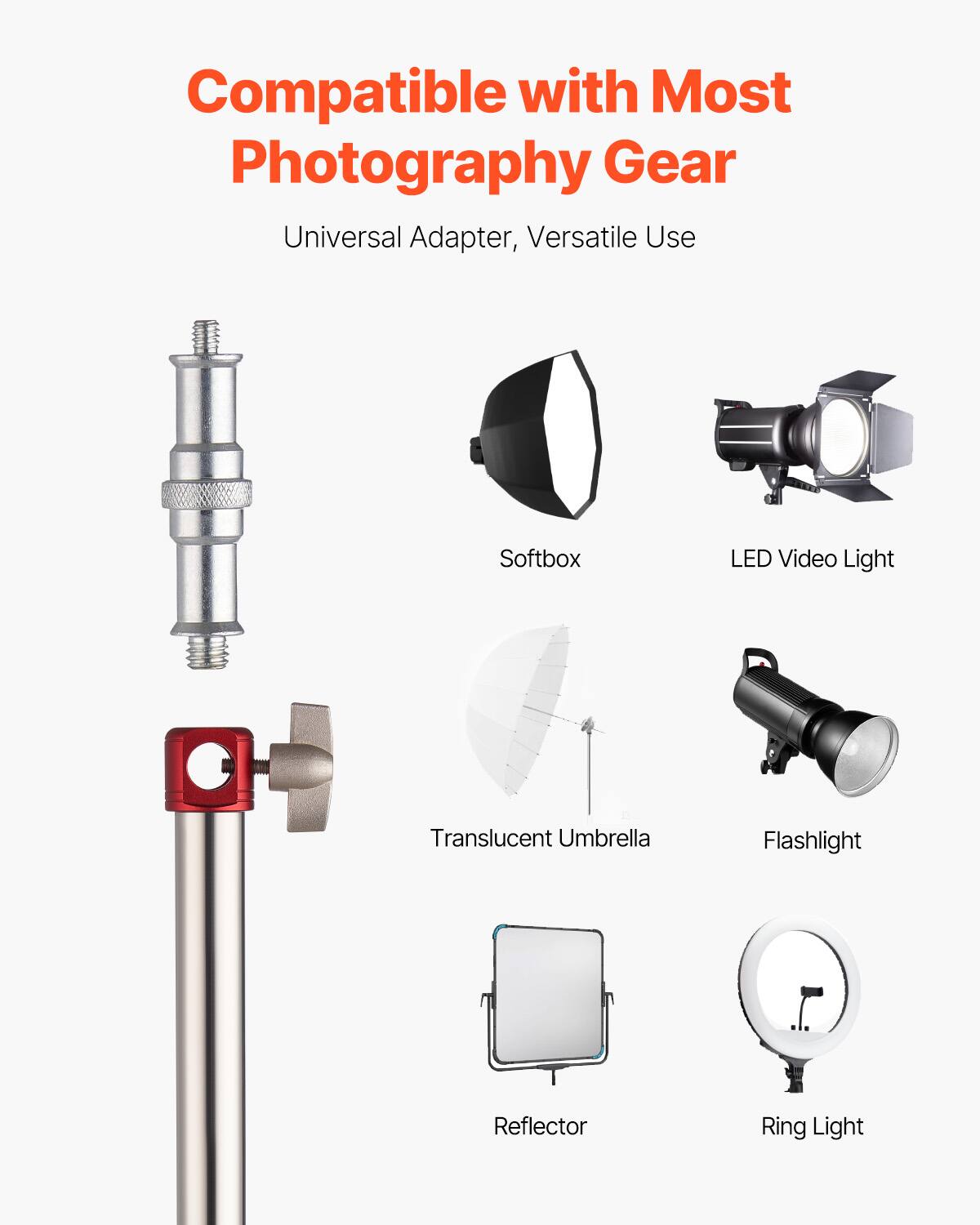 Compatible with Most Photography Gear

Universal Adapter, Versatile Use

- Softbox
- LED Video Light
- Translucent Umbrella
- Flashlight
- Reflector
- Ring Light