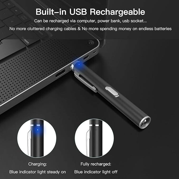 Built-in USB Rechargeable  
Can be recharged via computer, power bank, USB socket...  
No more cluttered charging cables & No more spending money on endless batteries  

Charging:  
Blue indicator light steady on  

Fully recharged:  
Blue indicator light off