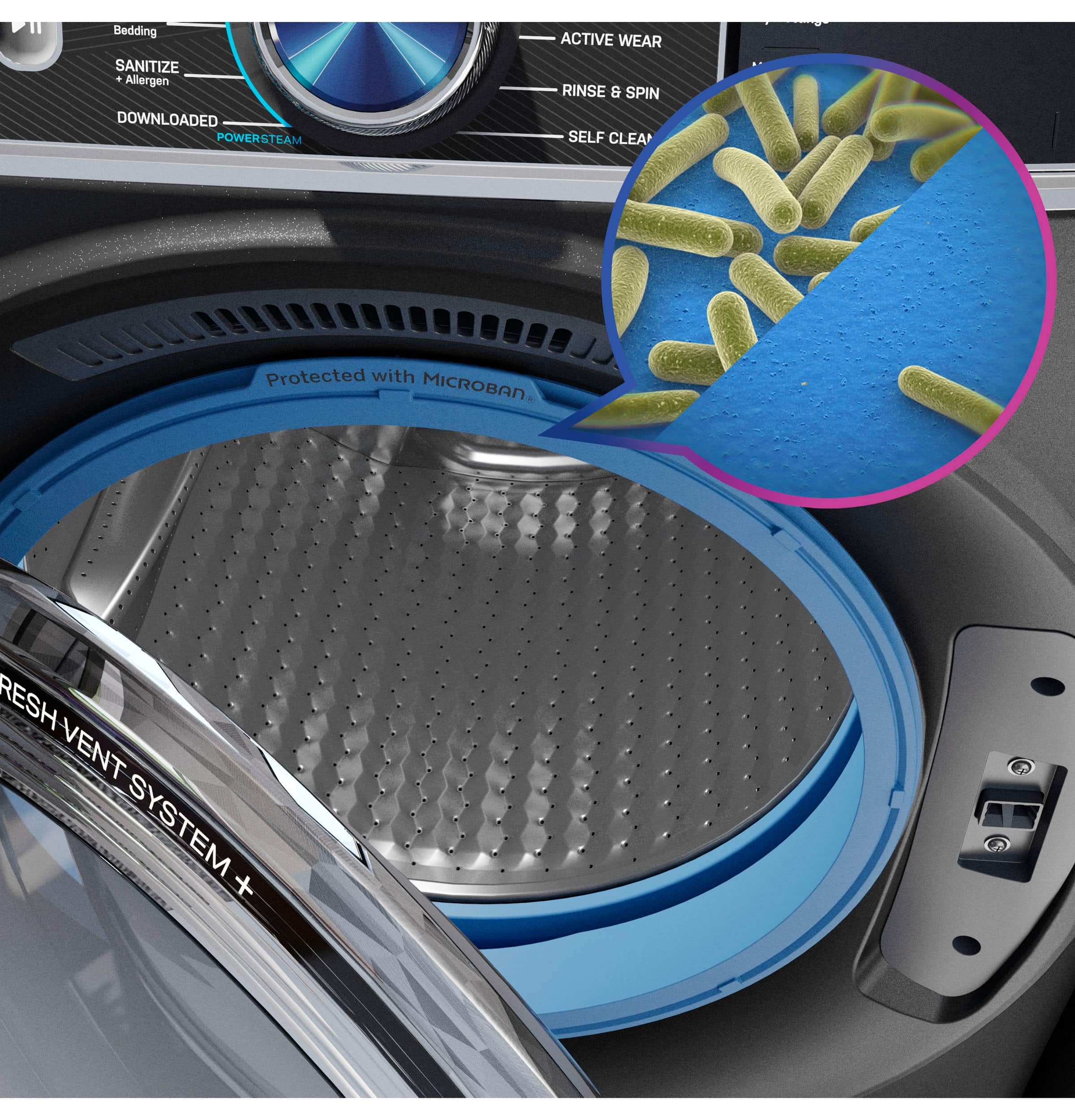 The text on the image is:
"11 Bedding SANITIZE + Allergen DOWNLOADED POWERSTEAM ACTIVE WEAR RINSE & SPIN SELF CLEAN Protected with MICROBAN RESH VENT SYSTEM +"
The corrected text is:
"11 Bedding SANITIZE + Allergen DOWNLOADED POWERSTEAM ACTIVE WEAR RINSE & SPIN SELF CLEAN Protected with MICROBAN RESH VENT SYSTEM +"