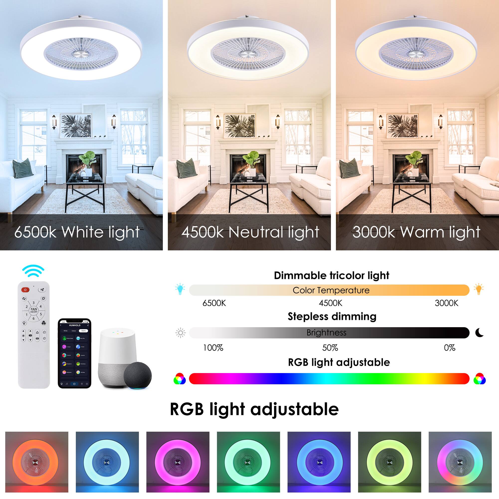 6500k White light  
4500k Neutral light  
3000k Warm light  

Dimmable tricolor light  
Color Temperature  
4500K  
Stepless dimming  
Brightness  
50%  
RGB light adjustable  

RGB light adjustable