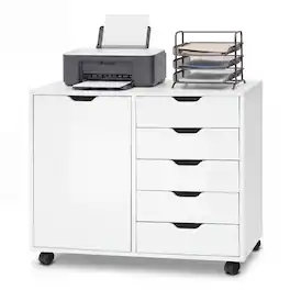 Costway - 5 Drawer Storage Cabinet on Wheels with Door and Adjustable Shelf for Home Office - White