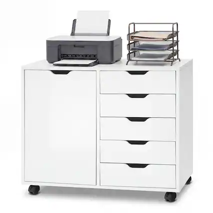Front. Costway - Costway 5 Drawer Storage Cabinet on Wheels with Door and Adjustable Shelf for Home Office - White.