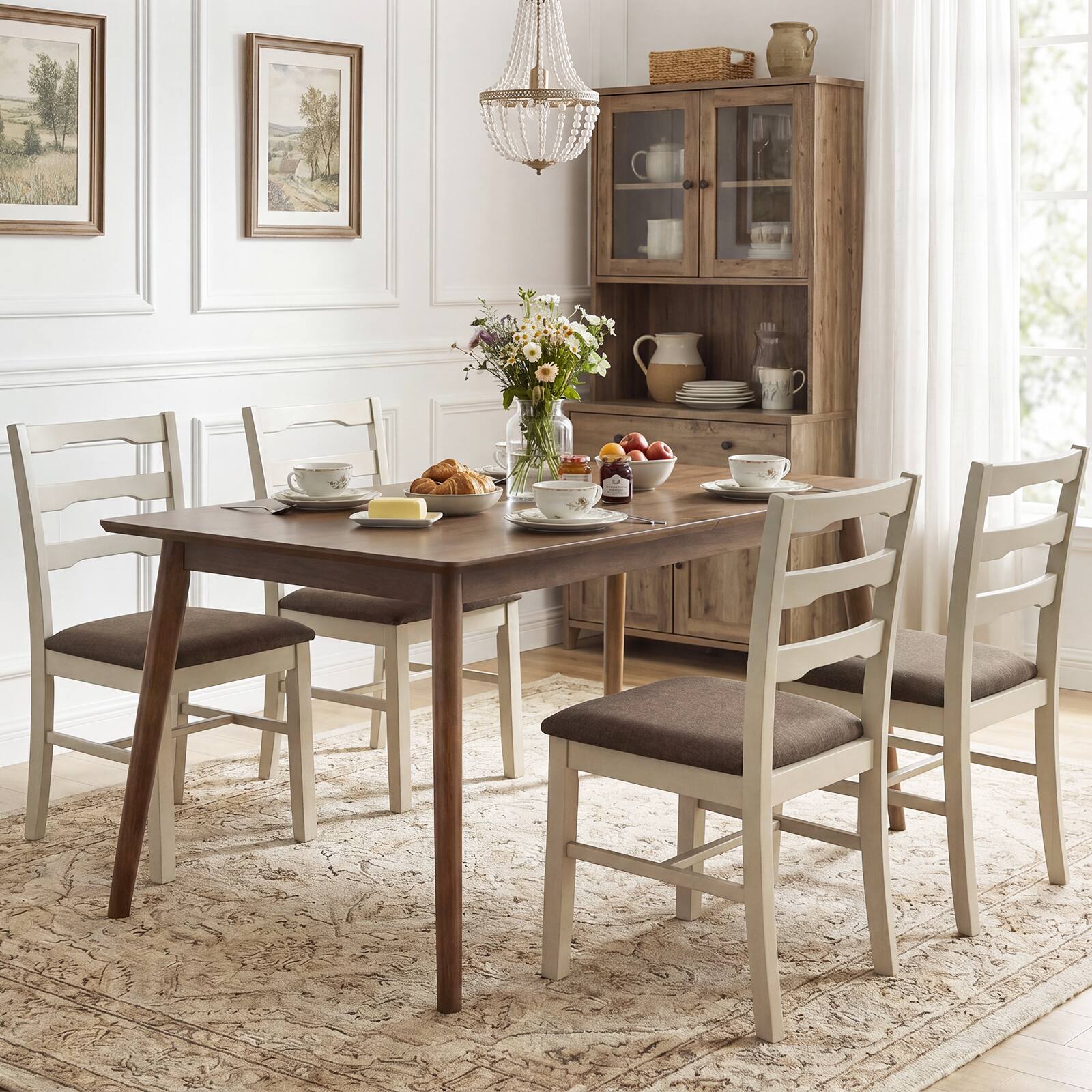 Alt View 4. Costway - Costway Dining Chairs Set of 2 with Solid Rubber Wood Frames, Modern Farmhouse Side Chairs - White + Brown.