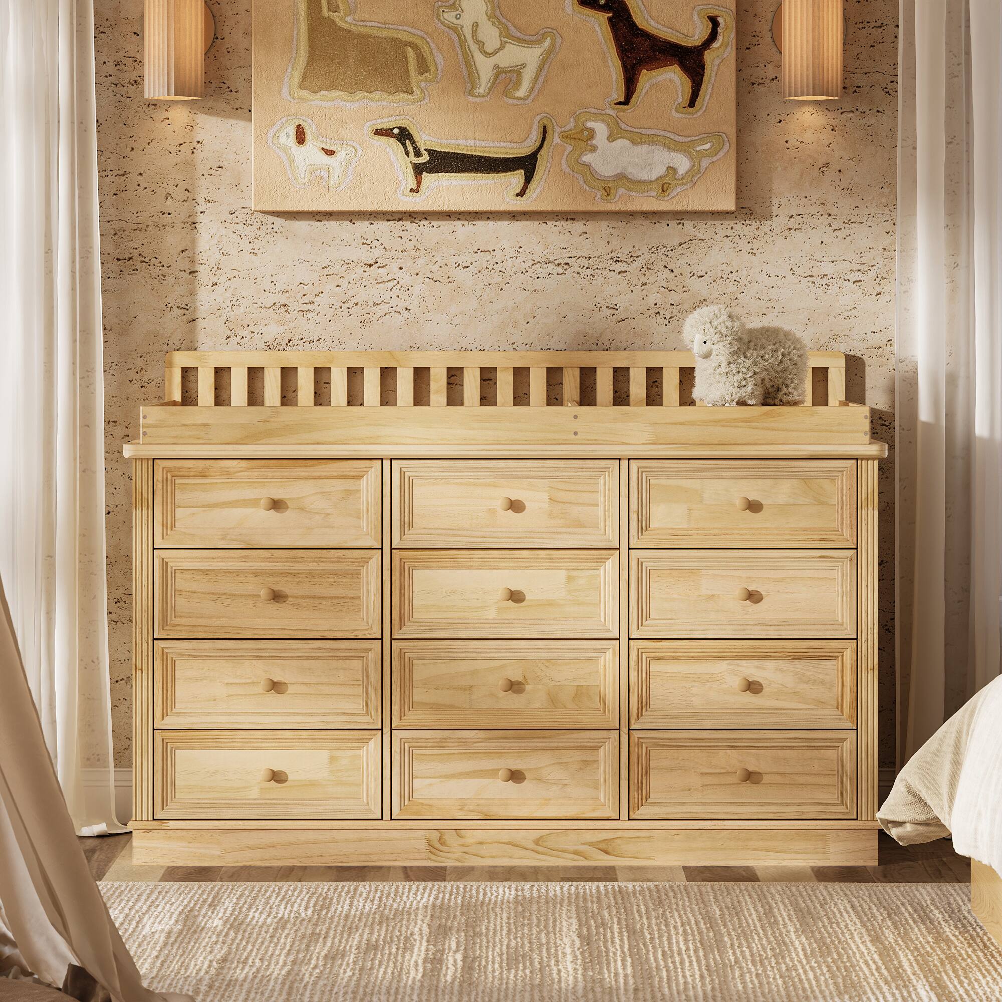 Homsee - Baby Changing Table Dresser with Drawers Solid Wood Nursery Organizer Diaper Storage Cabinet with Anti-Tip Safety Design - Wooden