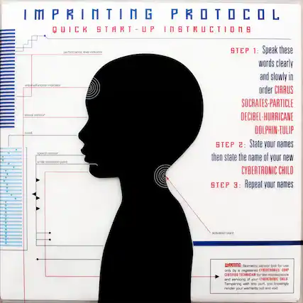 IMPRINTING PROTOCOL
QUICK START-UP INSTRUCTIONS
performance level indicator
anti-malfunction indicator
visual sensor
smell
speech sensor
smile sensation point
activation point
STEP 1: Speak these words clearly and slowly in order
CIRRUS
SOCRATES-PARTICLE
DECIBEL-HURRICANE
DOLPHIN-TULIP
STEP 2: State your names then state the name of your new CYBERTRONIC CHILD
STEP 3: Repeat your names
WARNING: Biometric sensor lock for use only by a registered CYBENTRONICS CORP CERTIFIED TECHNICIAN for the maintenance and servicing of your CYBERTRONIC CHILD. Tampering with this port, you knowingly render your warranty null and void.