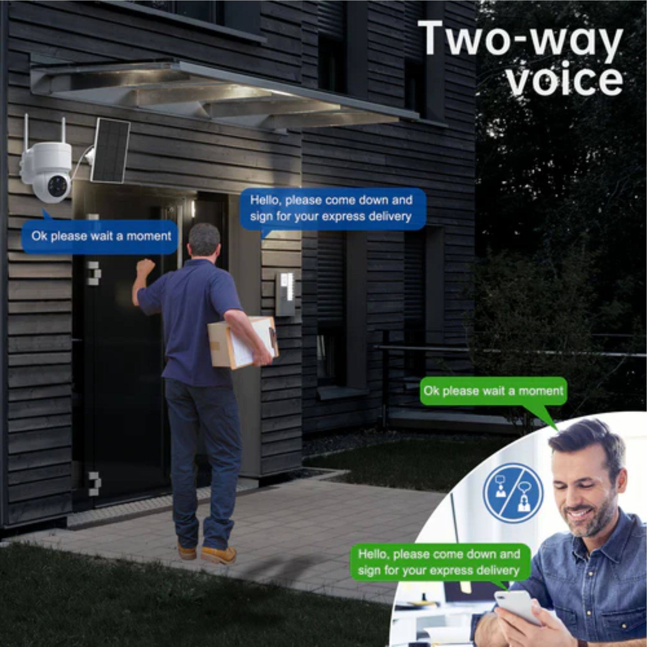Two-way voice

Ok please wait a moment

Hello, please come down and sign for your express delivery