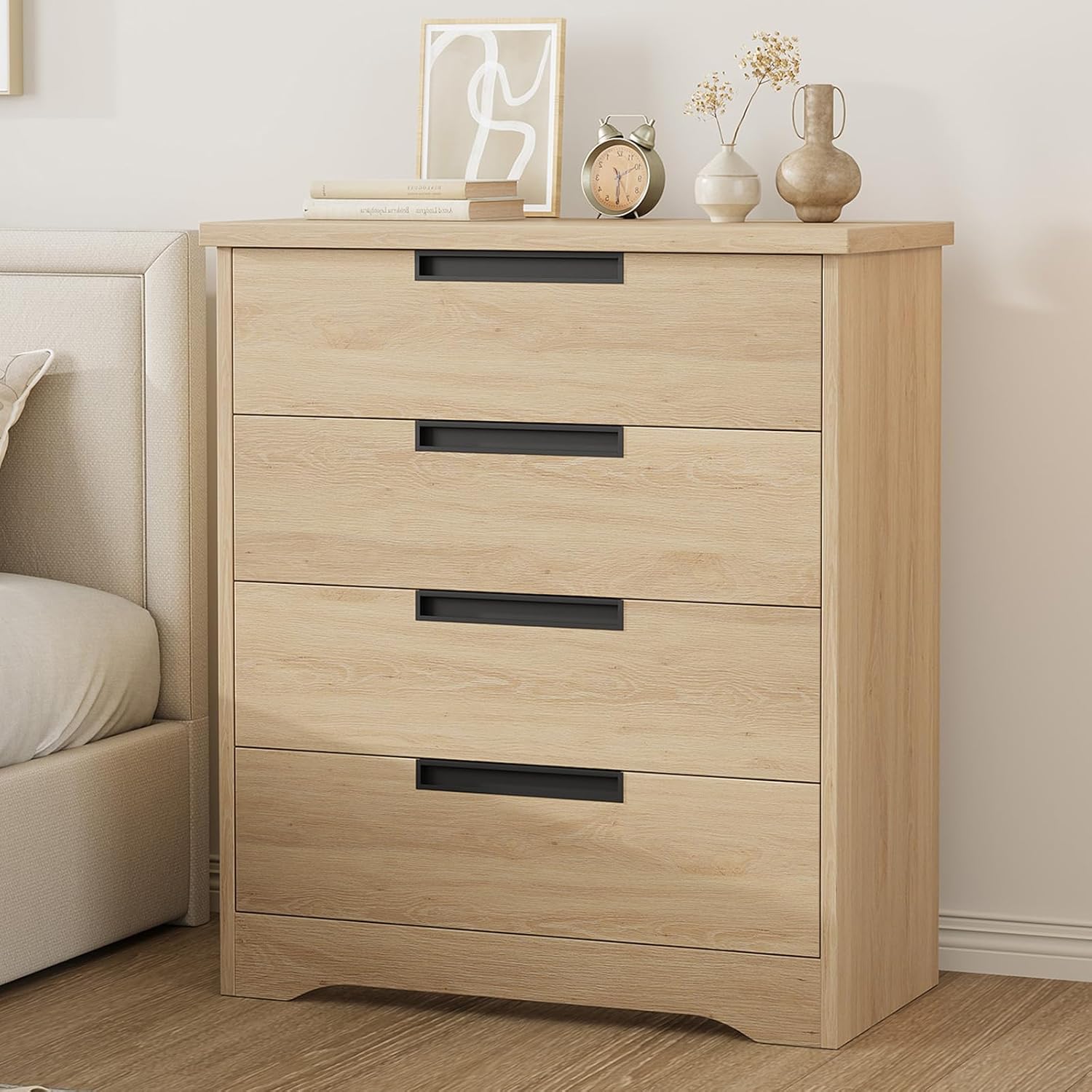 Front. GARVEE - 4 Drawer Dresser for Bedroom, Natural Chest of Drawers with Embedded Handles Design, Wooden Dresser Organizer - ‎Natural.