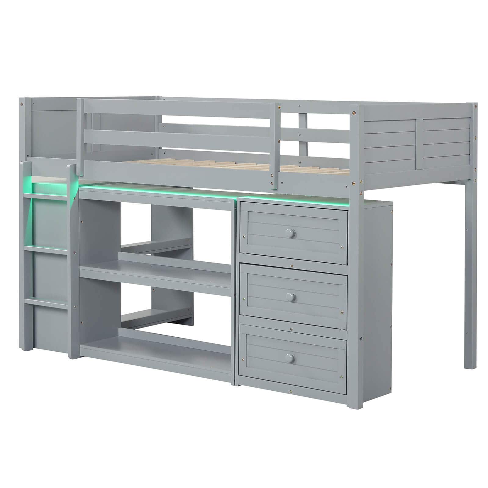 Costway - Twin Size Loft Bed with LED Lights Underbed Space Drawers Shelves Ladder - Gray