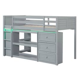 Costway - Twin Size Loft Bed with LED Lights Underbed Space Drawers Shelves Ladder - Gray