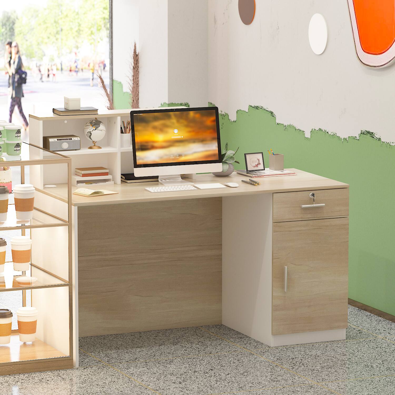 Alt View 8. Famapy - Famapy Reception Desk: Classified Storage, Eco - Friendly & Secure Lock Design - White & Wooden.