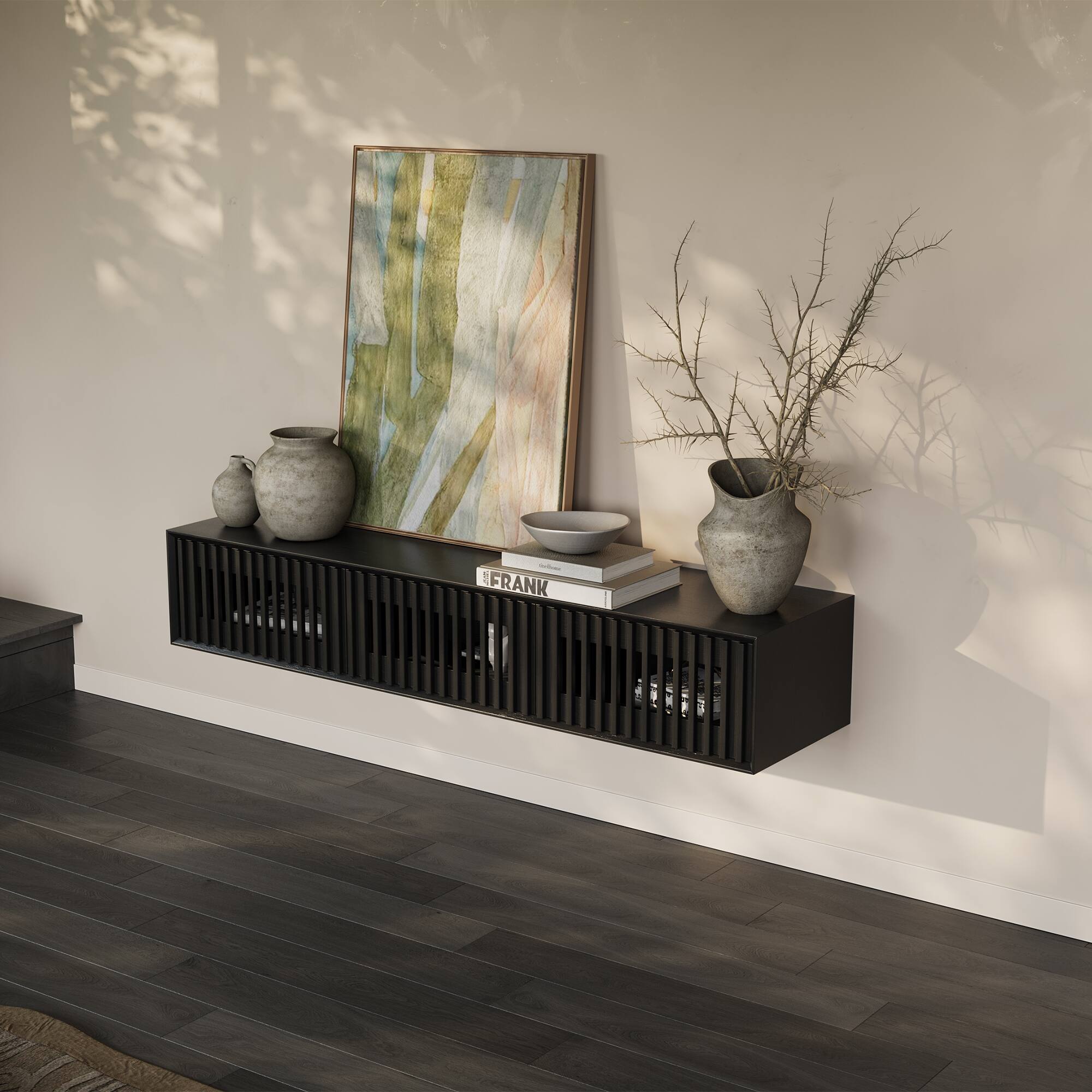 Alt View 9. POVISON - 63" Black Floating TV Stand, Modern Minimalist, Four Drawers, Fully-Assembled - Black.
