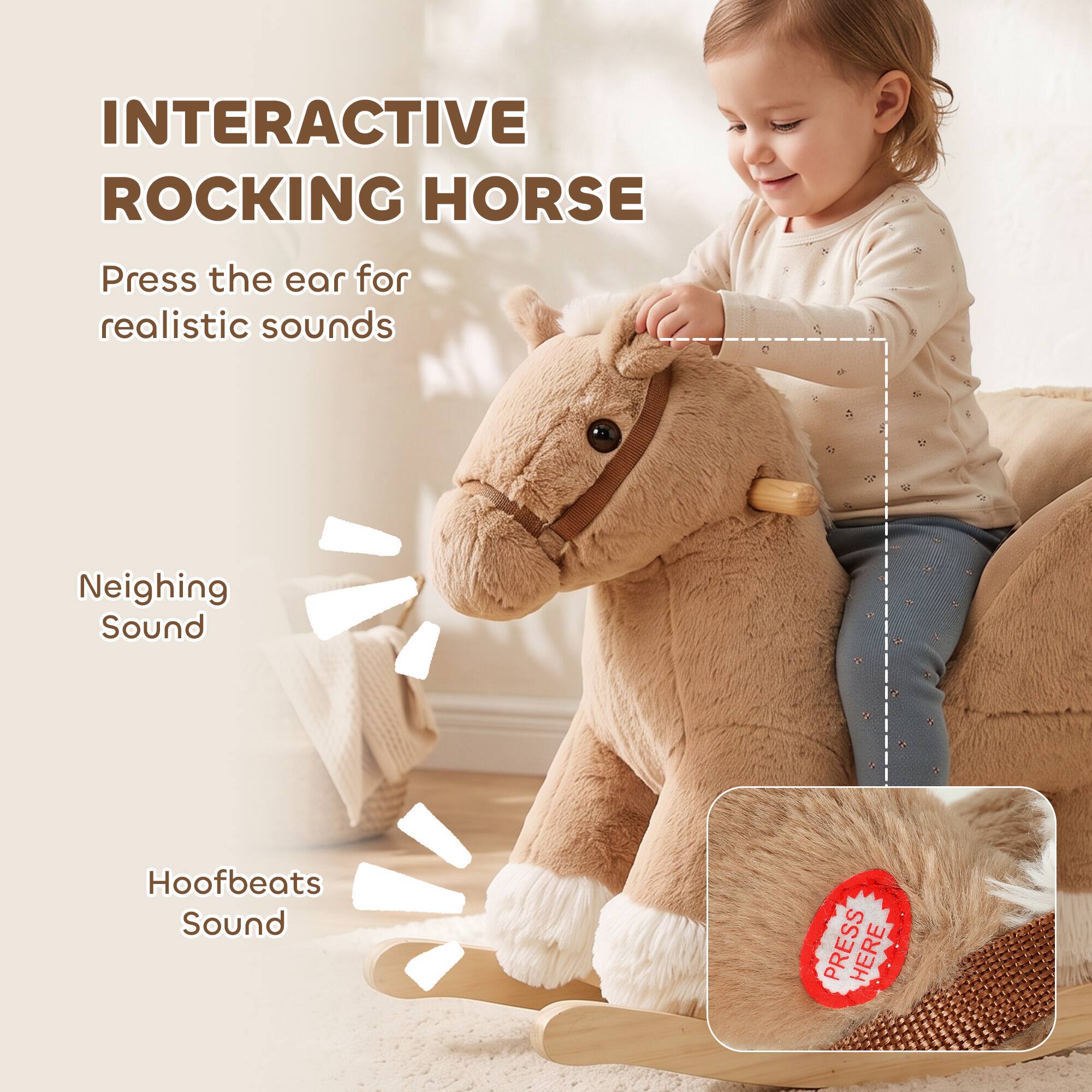 INTERACTIVE ROCKING HORSE  
Press the ear for realistic sounds  
Neighing Sound  
Hoofbeats Sound  
PRESS HERE