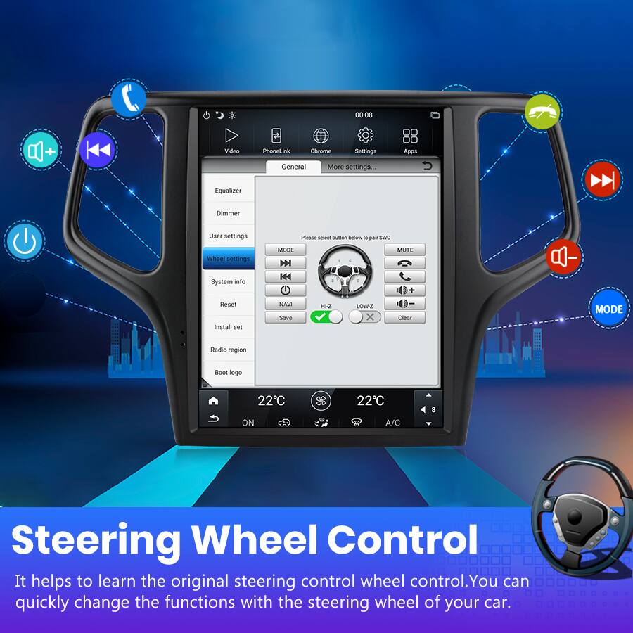 80:00 + Video PhoneLink Chrome Settings General More settings... Apps Equalizer Dimmer User settings Please select button below to pair SWC Wheel settings System info MODE MUTE Reset Install set NAV Save I LOW x Clear MODE Radio region Boot logo 22C ON 22C A/C E Steering Wheel Control It helps to learn the original steering control wheel control. You can quickly change the functions with the steering wheel of your car.