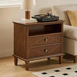 Loheer - Farmhouse Nightstand with Charging Station, Two Drawer Bedside Table - Walnut