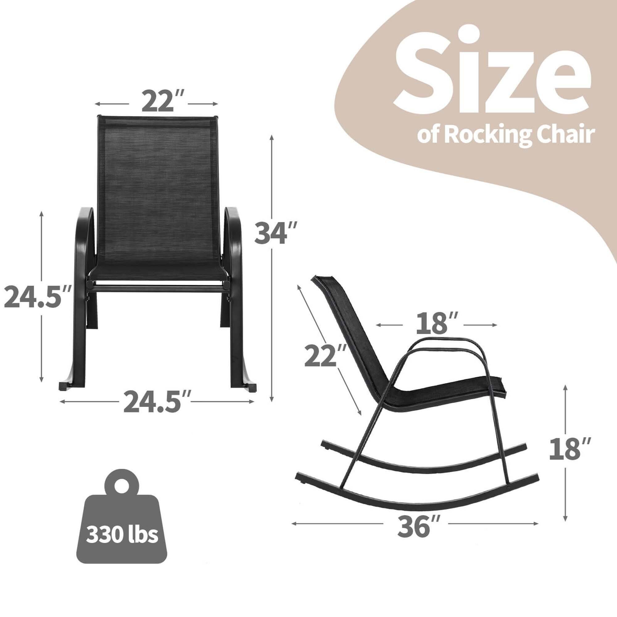 The text on the image reads: "22" Size of Rocking Chair 34" 24.5" 24.5" 22" 18" 18" 330 lbs 36"".