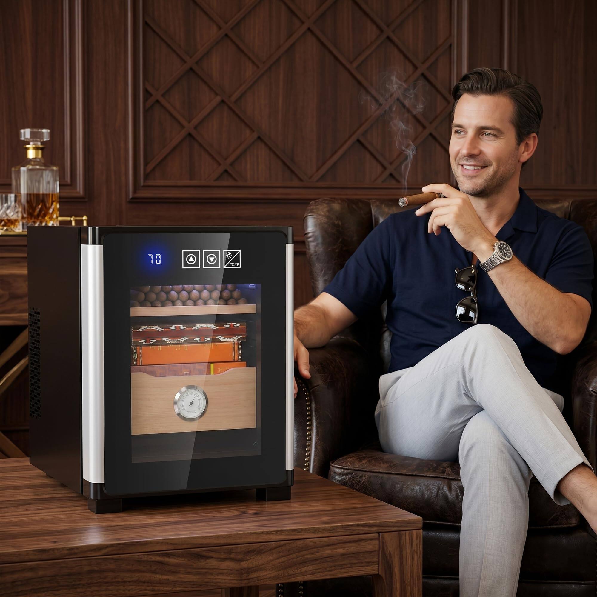 Alt View 8. KingChii - KingChii 8L Electric Cigar Humidor, Digital Temp Control Cabinet, Spanish Cedar Shelves & Hygrometer - 80 Capacity - black.