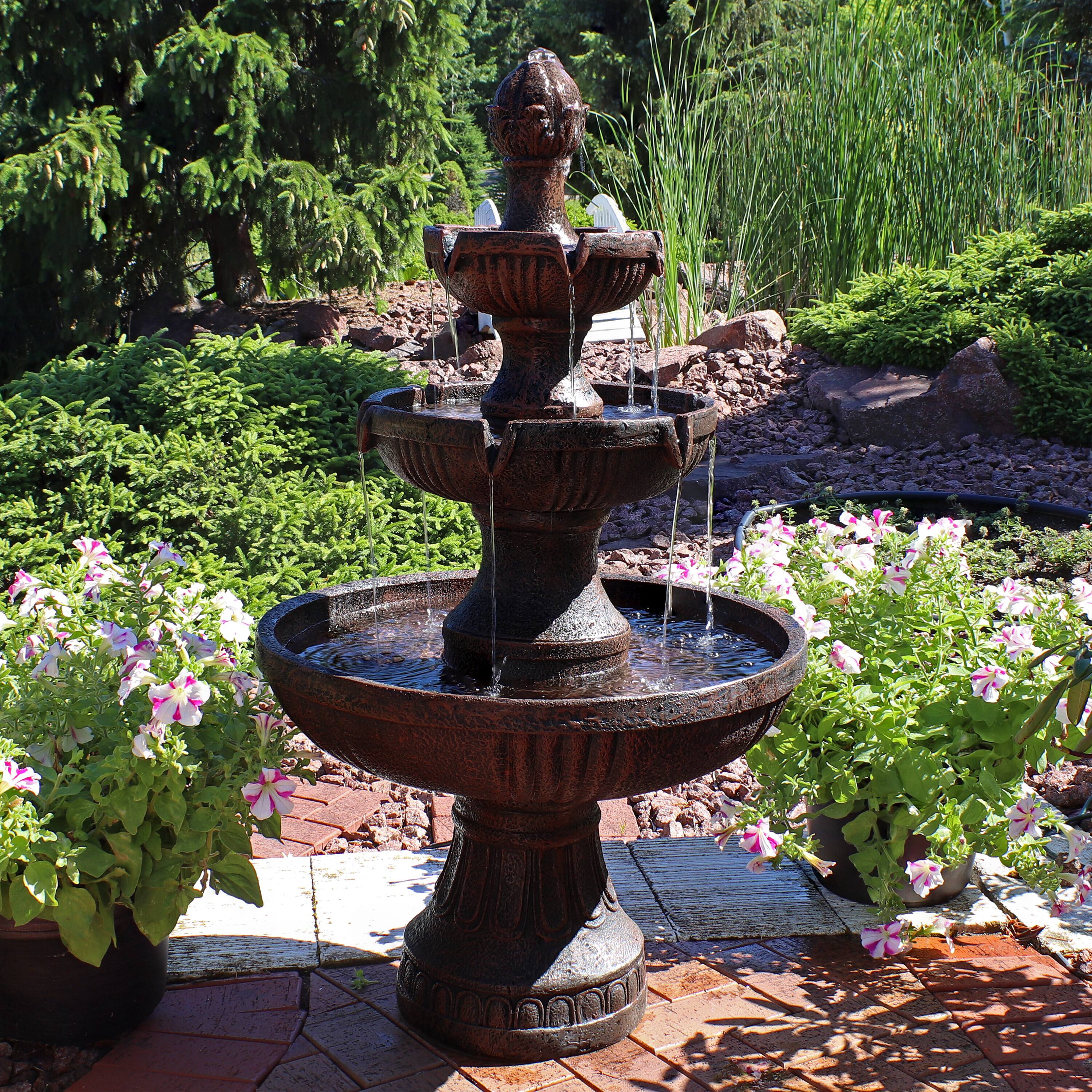 Alt View 6. Sunnydaze - Flower Blossom Resin Outdoor 3-Tier Fountain - Earth.