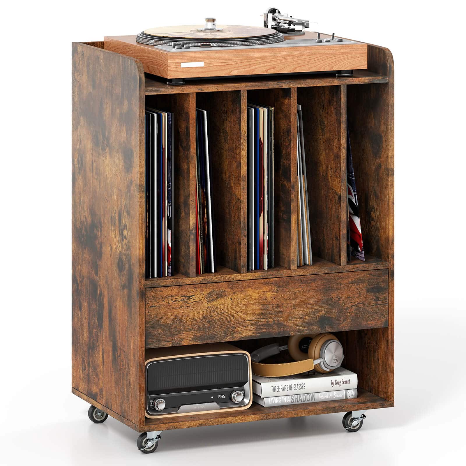 Costway - Record Player Stand with Drawer & Record Holder,Lockable Wheels for Living Room - Brown