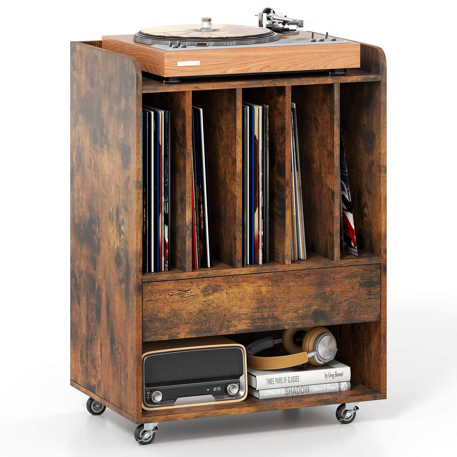 Costway - Record Player Stand with Drawer & Record Holder,Lockable Wheels for Living Room - Brown