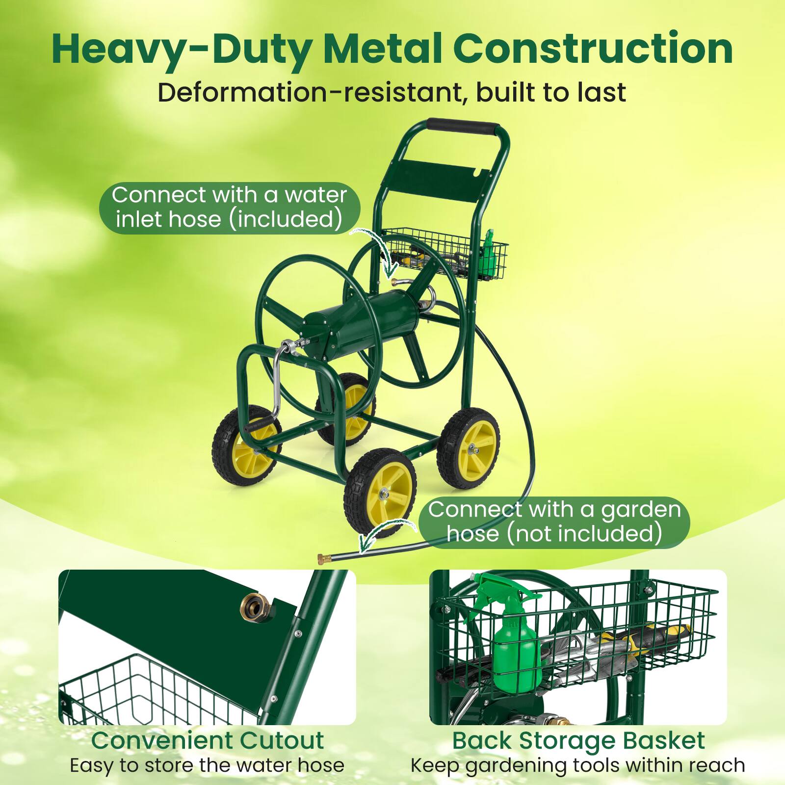 Heavy-Duty Metal Construction  
Deformation-resistant, built to last  

- Connect with a water inlet hose (included)  
- Connect with a garden hose (not included)  

Convenient Cutout  
Easy to store the water hose  

Back Storage Basket  
Keep gardening tools within reach