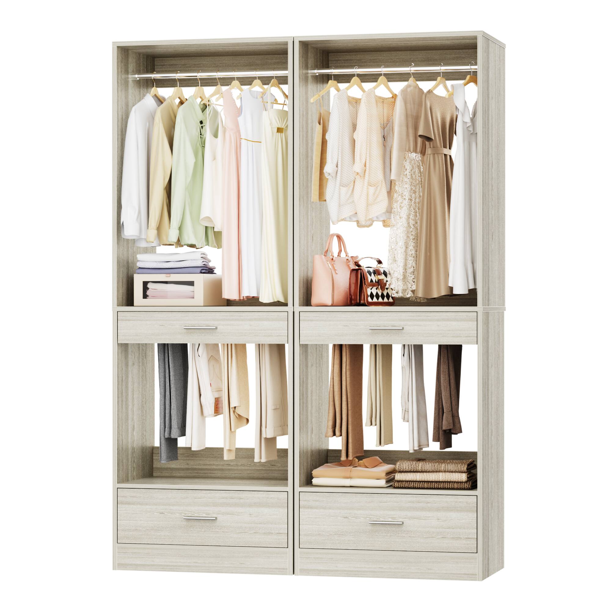 Angle. Aheaplus - 47.2'' All-in-One Closet Organizer with 2 Drawers, Freestanding Wardrobe Closet Rack with Pant Racks & Hanging Rods - Beige Oak.