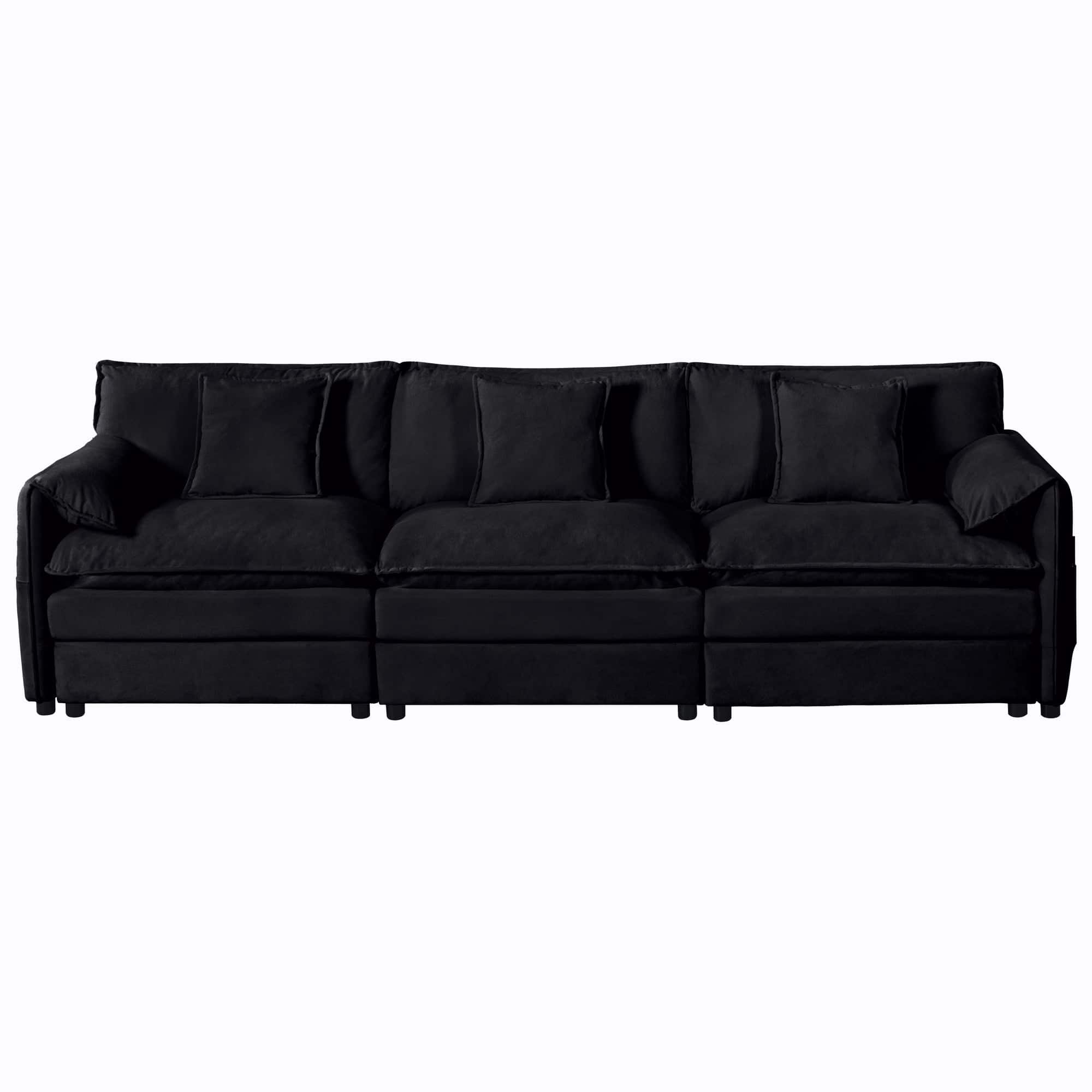 Boyel Living - Modern Minimalist Black Chenille Sofa with Side Storage Pockets 6-Seat - Black