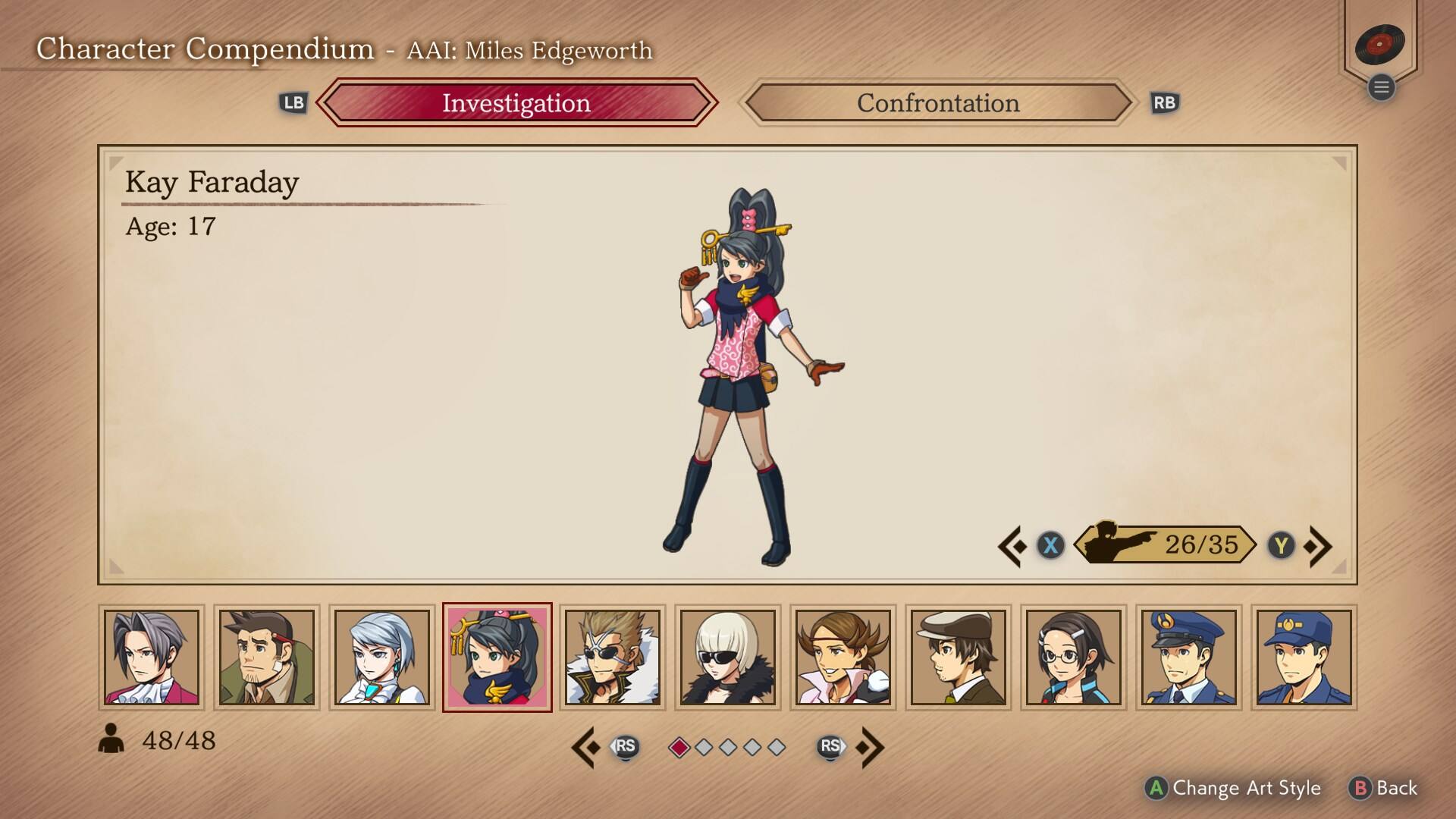 Character Compendium - AA - AAI: Miles Edgeworth LB Investigation Confrontation RB Kay Faraday Age: 17 X 26/35 Y 48/48 (RS RS A Change Art Style B Back