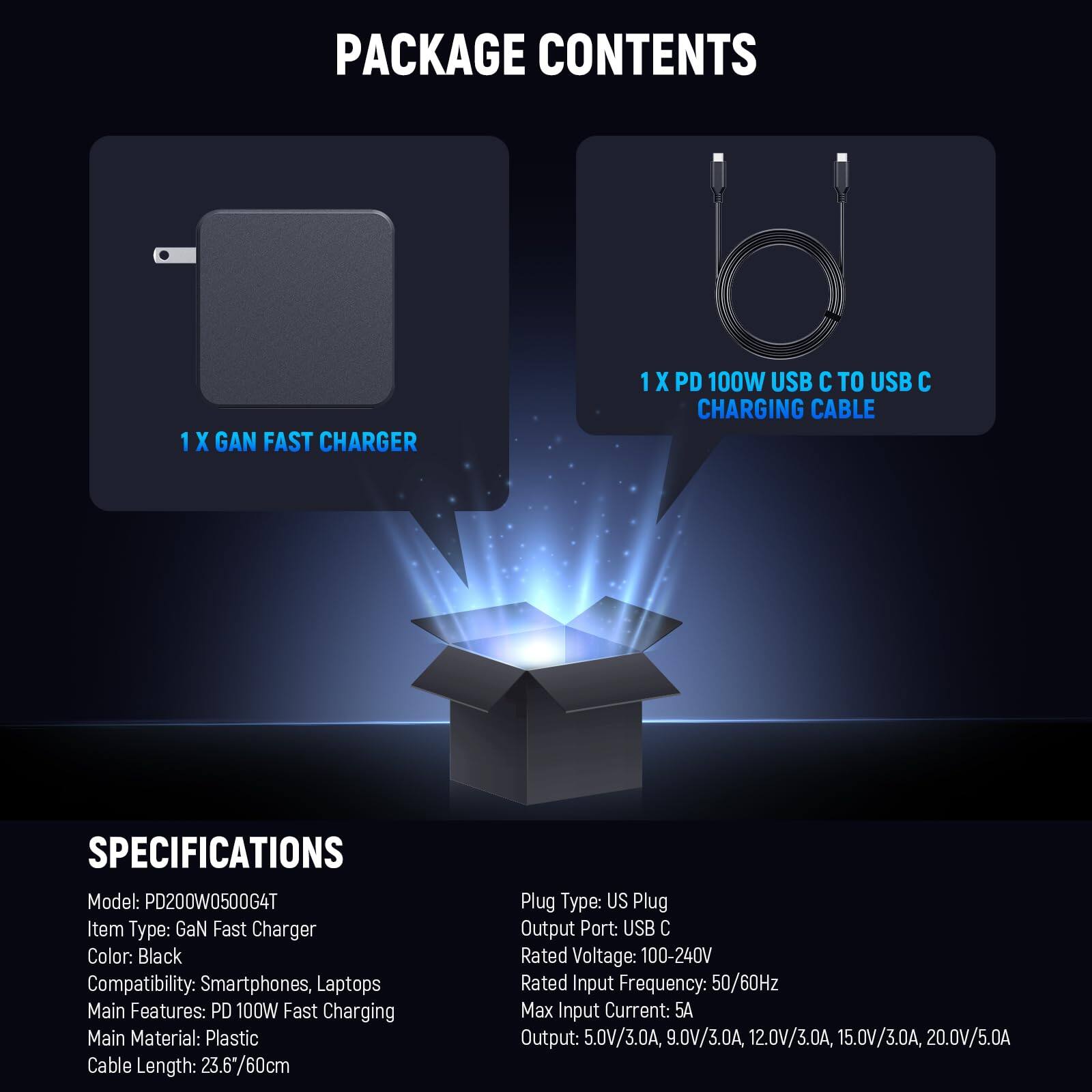 PACKAGE CONTENTS  
1 X GAN FAST CHARGER  
1 X PD 100W USB C TO USB C CHARGING CABLE  

SPECIFICATIONS  
Model: PD200W0500G4T  
Item Type: GaN Fast Charger  
Color: Black  
Compatibility: Smartphones, Laptops  
Main Features: PD 100W Fast Charging  
Main Material: Plastic  
Cable Length: 23.660cm  

Plug Type: US Plug  
Output Port: USB C  
Rated Voltage: 100-240V  
Rated Input Frequency: 50/60Hz  
Max Input Current: 5A  
Output: 5.0V/3.0A, 9.0V/3.0A, 12.0V/3.0A, 15.0V/3.0A, 20.0V/5.0A