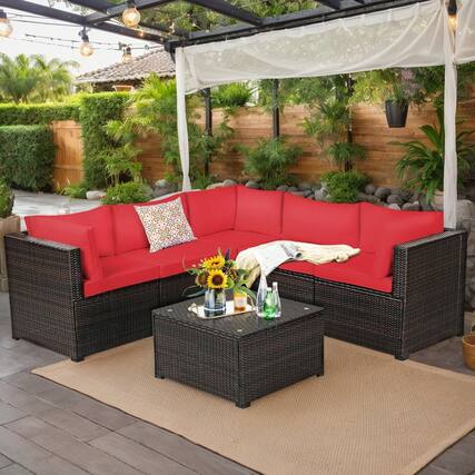 Front. Kadyn - 6 Pcs Patio Rattan Furniture Set Sectional Cushioned Sofa Deck-Red, Patio Seating Conversation - Red.