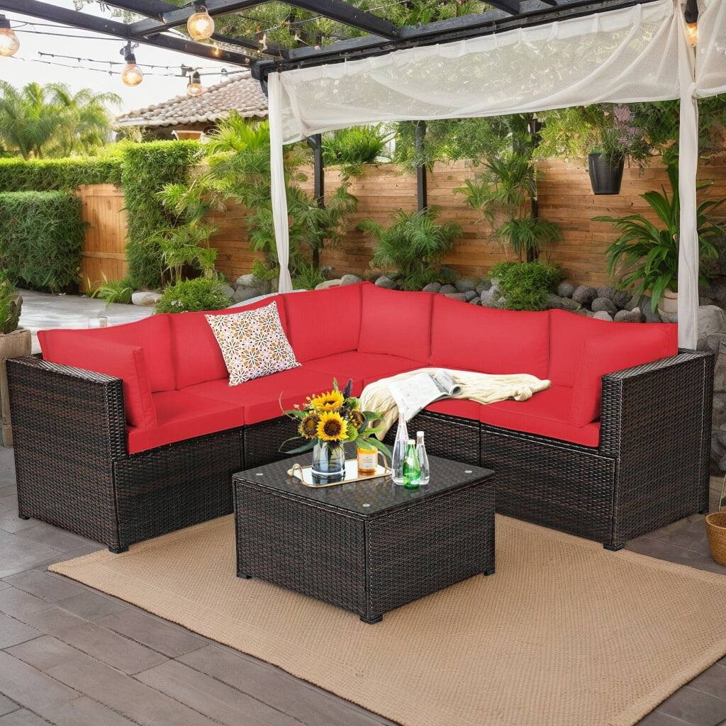 Front. Kadyn - 6 Pcs Patio Rattan Furniture Set Sectional Cushioned Sofa Deck-Red, Patio Seating Conversation - Red.