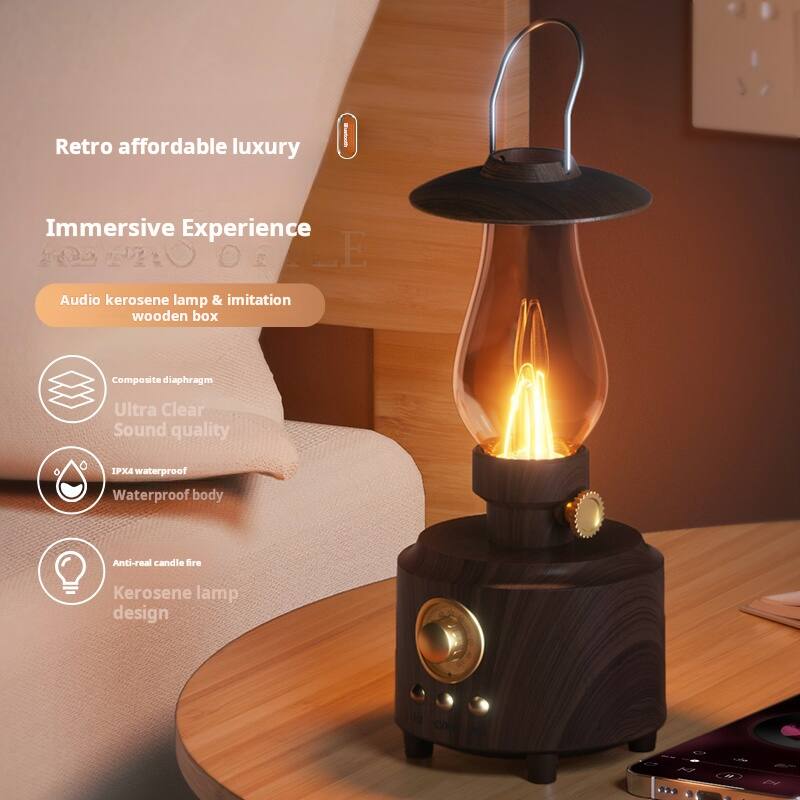 Retro affordable luxury  
Immersive Experience  

Audio kerosene lamp & imitation wooden box  
Composite diaphragm  
Ultra Clear Sound quality  
IPX4 waterproof  
Waterproof body  
Anti-real candle fire  
Kerosene lamp design