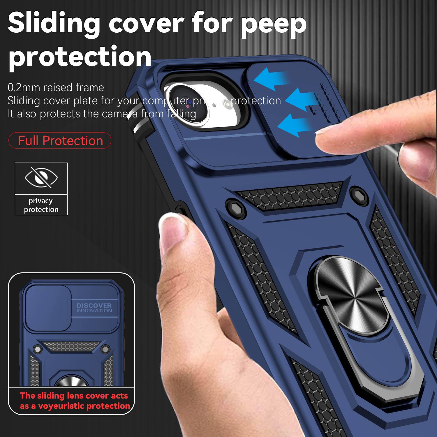 Sliding cover for peep protection  
0.2mm raised frame  
Sliding cover plate for your computer privacy protection  
It also protects the camera from falling  

Full Protection  
privacy protection  

DISCOVER INNOVATION  
The sliding lens cover acts as a voyeuristic protection