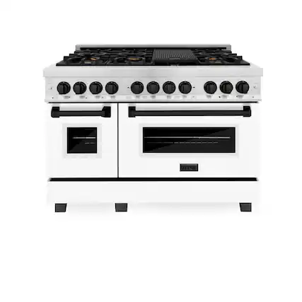 Front. ZLINE - 48 in. Wide 8 Burner Autograph Legacy Dual Fuel Freestanding Range in Satin Steel w/ White & Black Accents - Stainless steel.