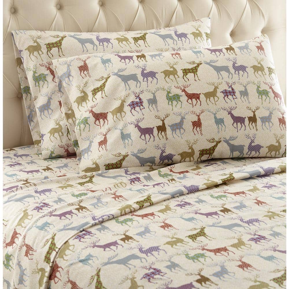 Shavel Home Products - Shavel Micro Flannel Quality Printed Sheet Set - Twin Flat/Fitted Sheet Pillowcase 21x32" - Colorful deer