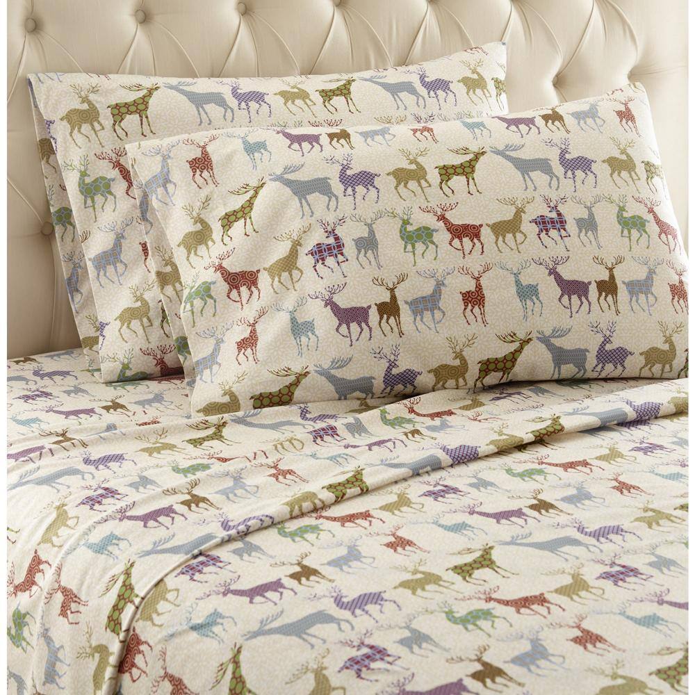 Front. Shavel Home Products - Shavel Micro Flannel Printed Sheet Set - Full Flat/Fitted Sheet 2-Piece Pillowcase - 21x32" - Colorful Deer - Colorful deer.