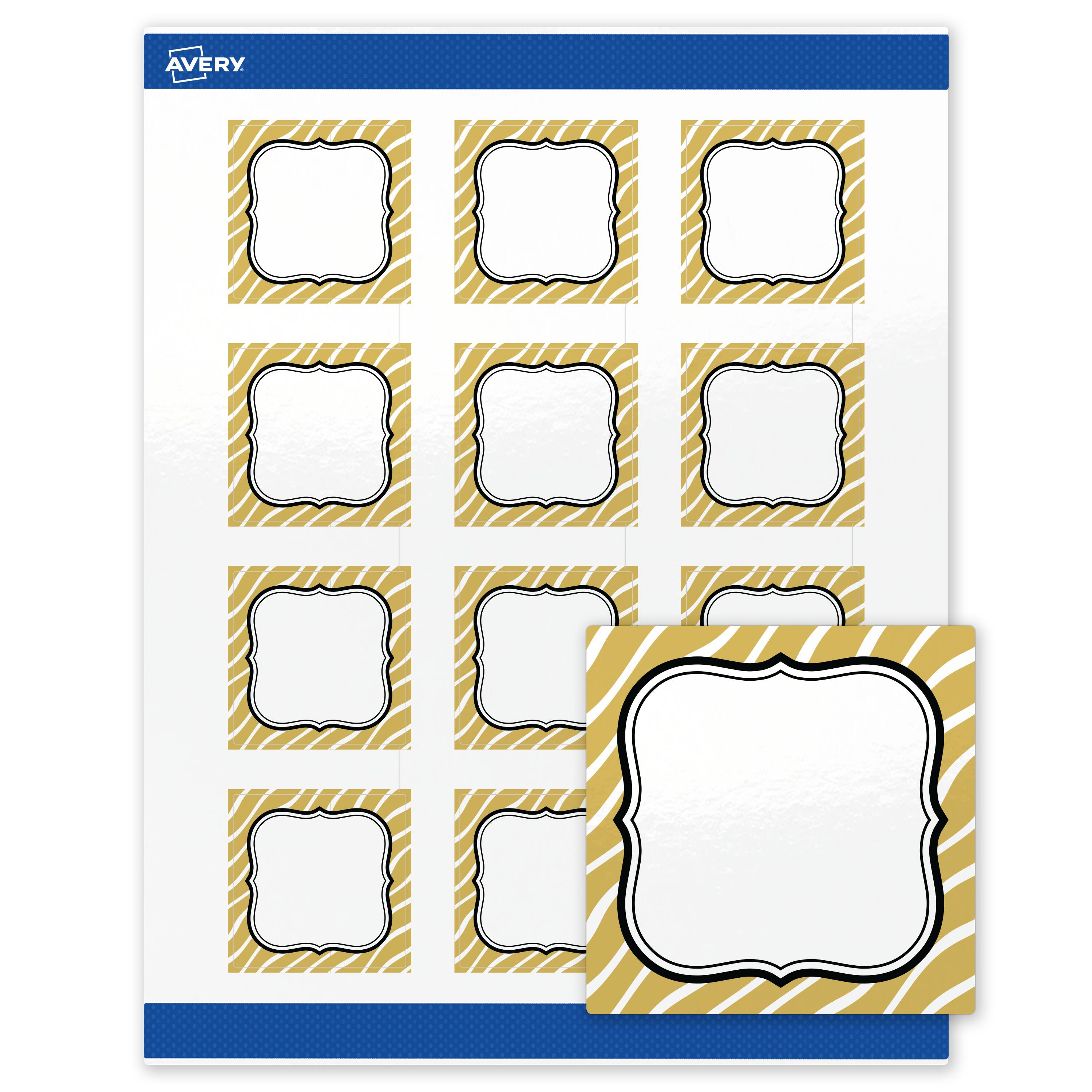 Front. Avery - Avery Labels, 2" x 2", Glossy White, Metallic Gold Zebra Pattern - White.