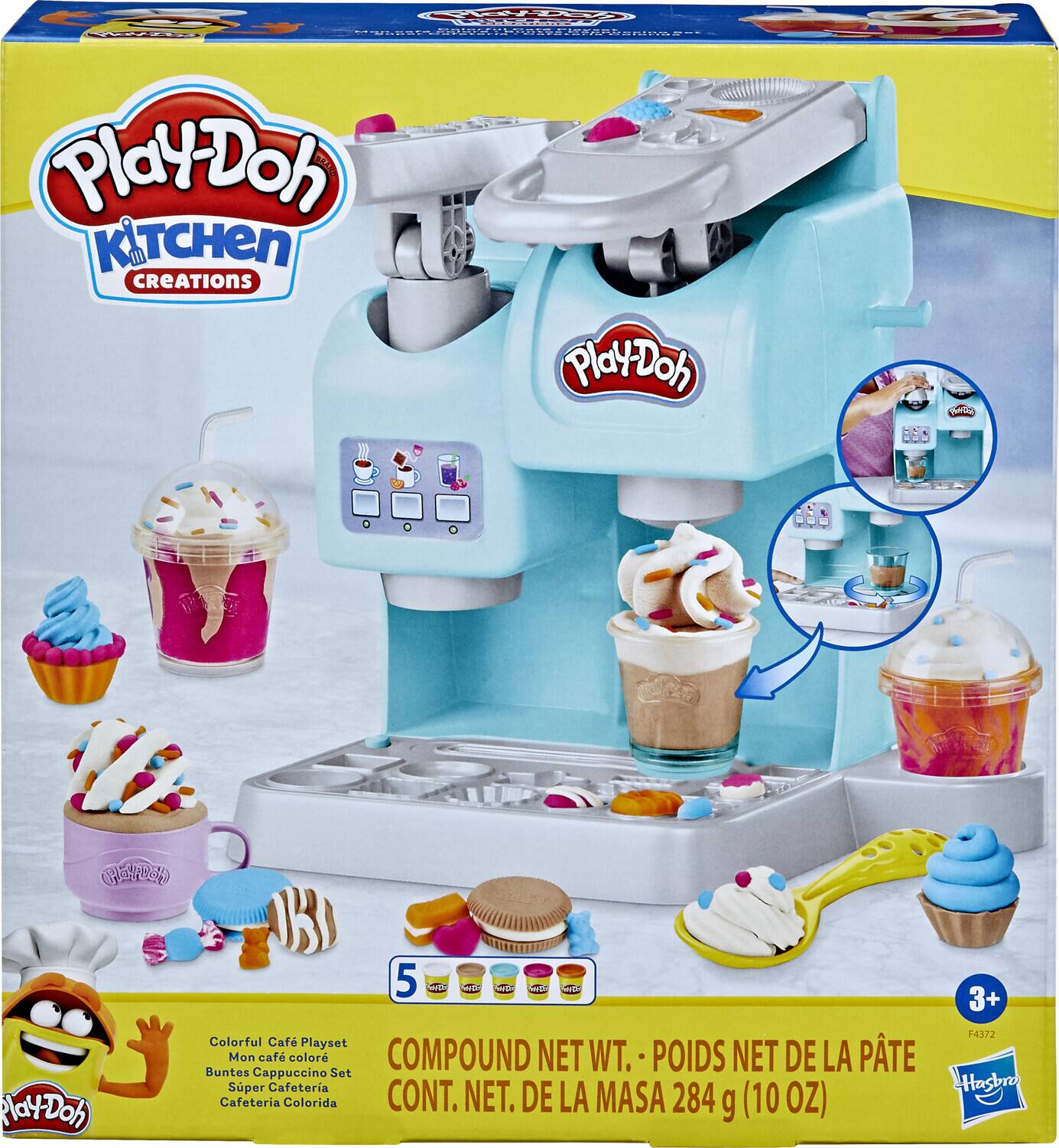 The corrected text from the image is:

"Play-Doh Kitchen Creations Play-Doh Colorful Café Playset Buntes Cappuccino Set Super Cafetería Cafetería Colorida Compound Net. Wt. Poids Net de la Pâte Cont. Net. de la Masa 284 g (10 OZ) 3+ Hasbro"