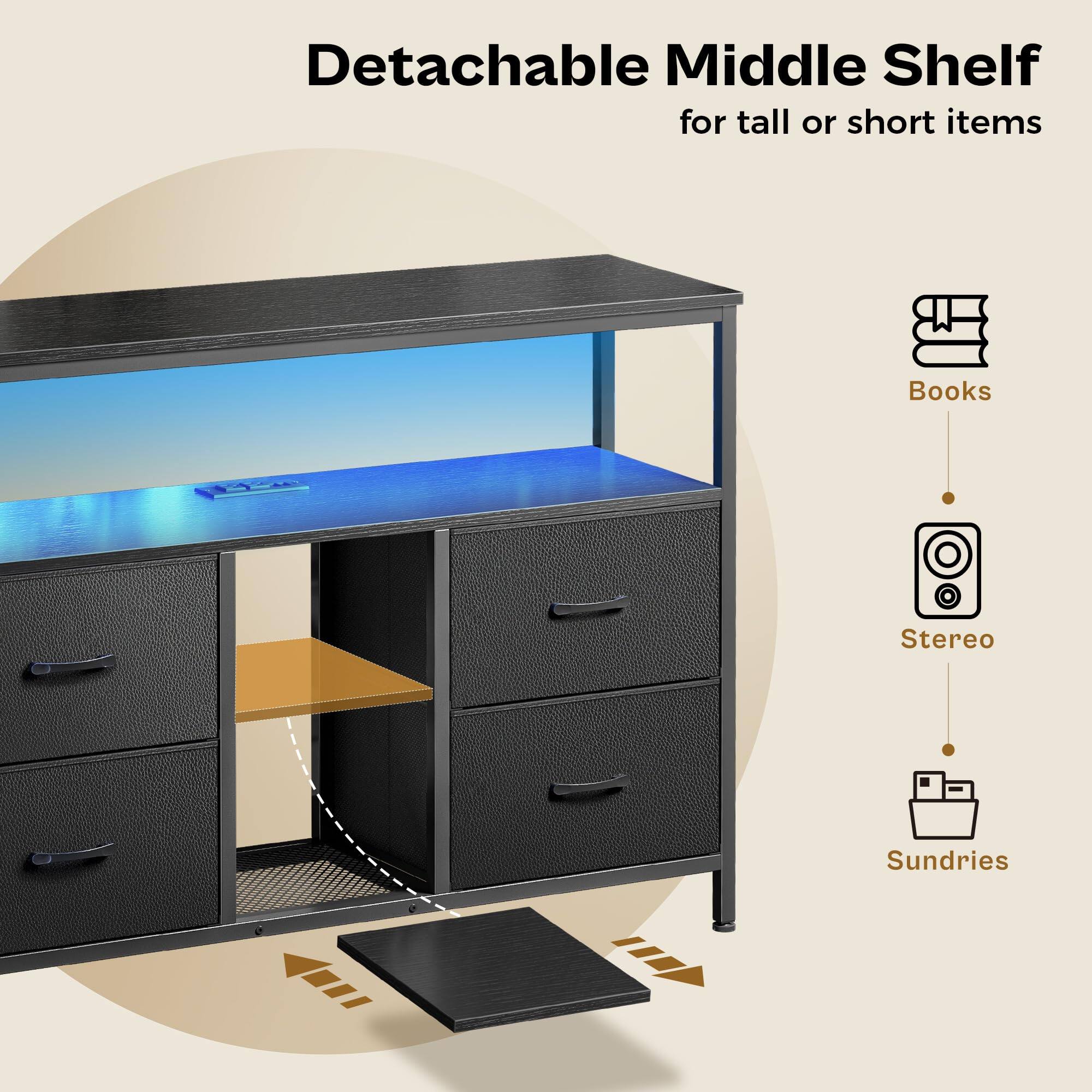 Detachable Middle Shelf  
for tall or short items  

Books  
Stereo  
Sundries