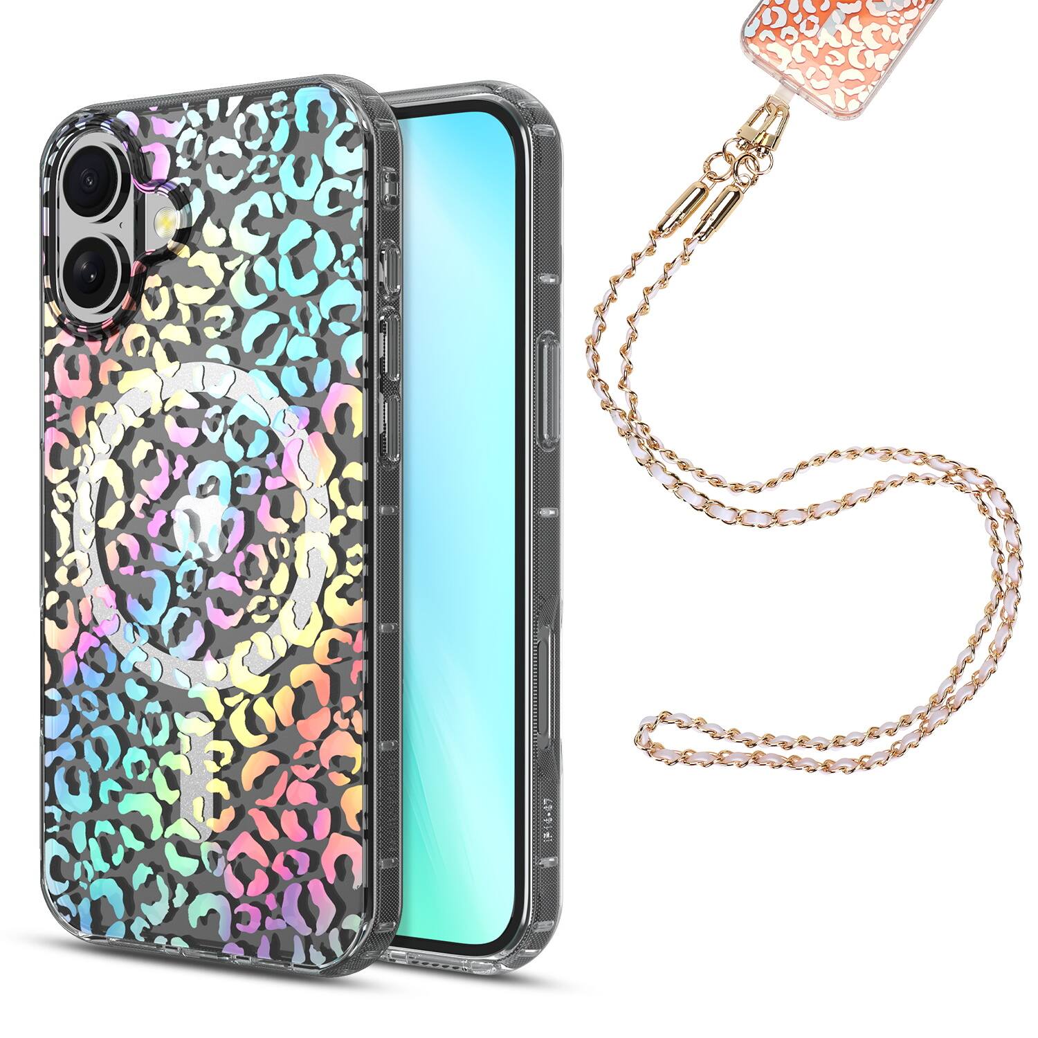 Front. Mybat Pro - MyBat Pro MagSafe Case for Apple iPhone 16 with Crossbody Strap/ USB-C Charging Cable -Leopard - Clear.