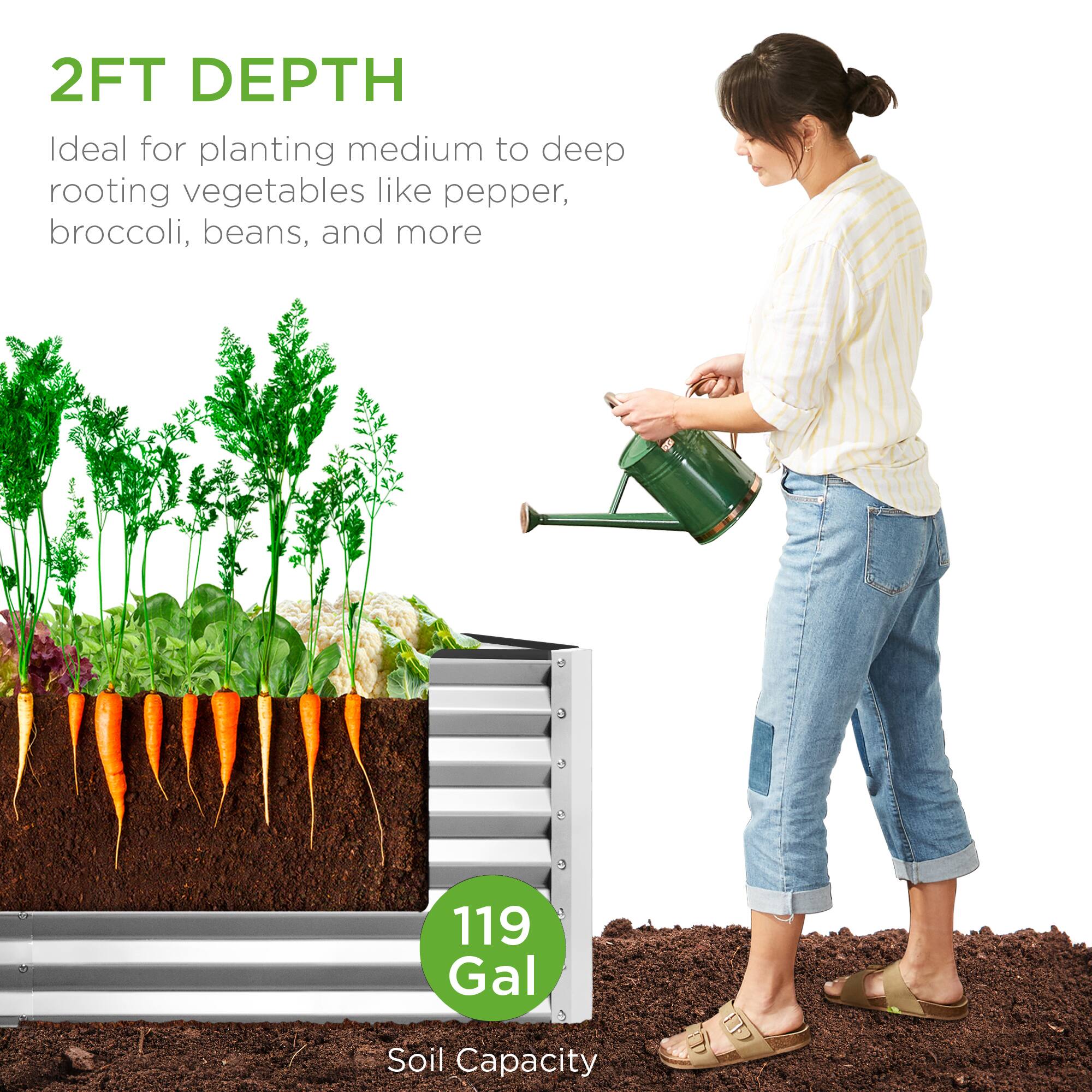 2FT DEPTH  
Ideal for planting medium to deep rooting vegetables like pepper, broccoli, beans, and more  

119 Gal  
Soil Capacity