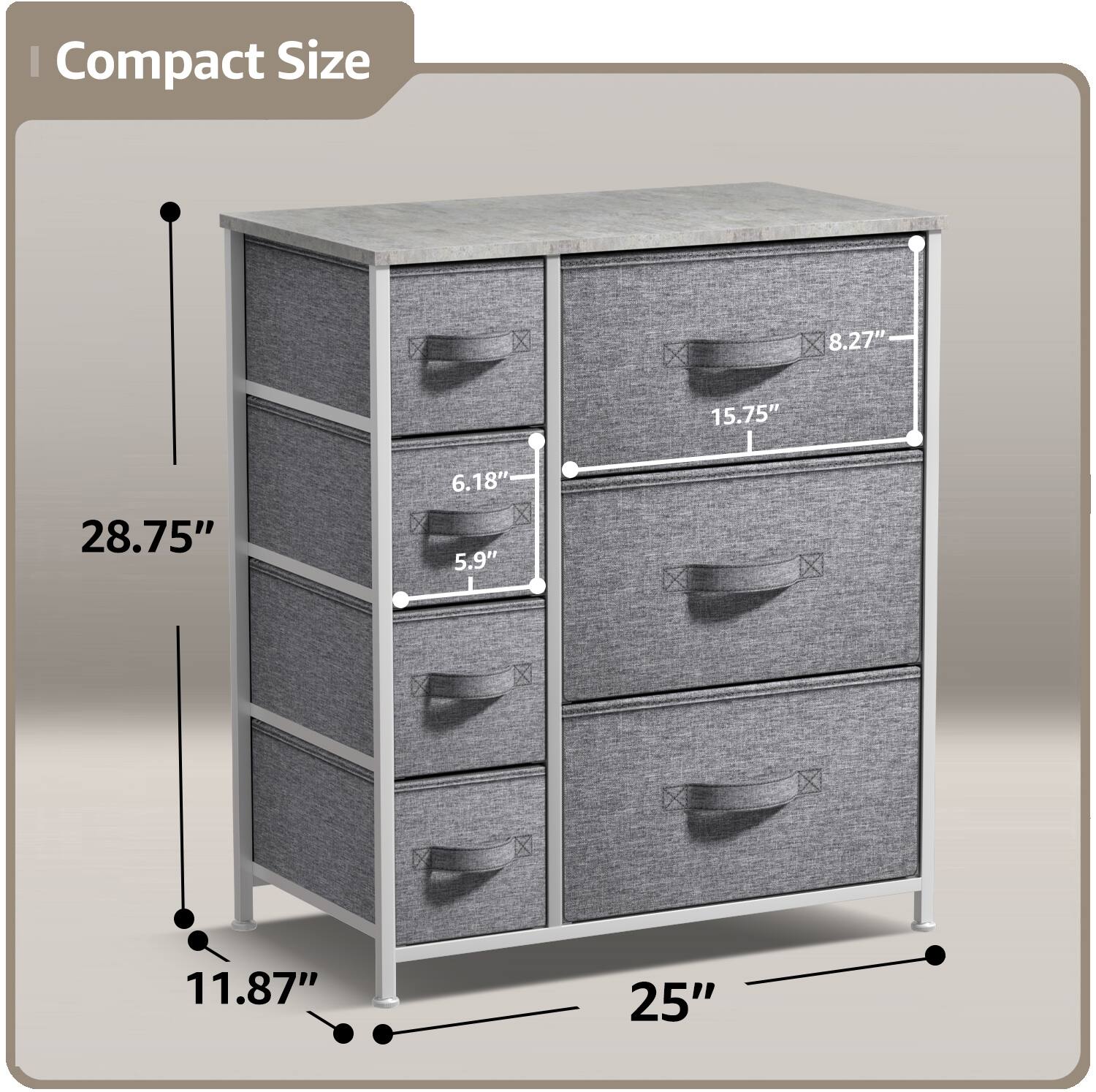 Compact Size

- Height: 28.75"
- Width: 25"
- Depth: 11.87"
- Drawer 1: 8.27" (Width) x 15.75" (Height) x 6.18" (Depth)
- Drawer 2: 8.27" (Width) x 15.75" (Height) x 5.9" (Depth)