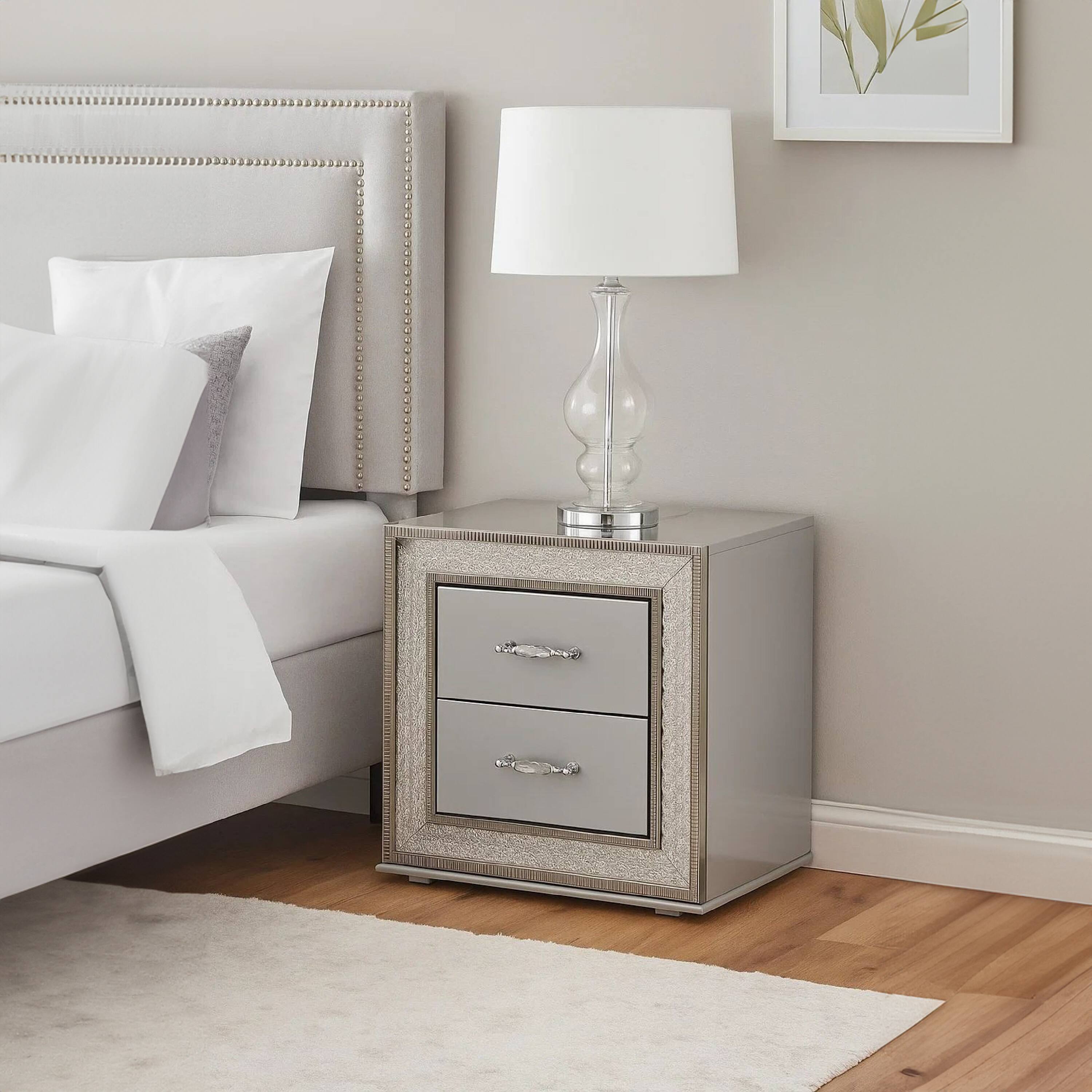 Alt View 6. Manhattan Lane - Cyl Nightstand with 2 Drawers, Scale Molding Trim - Metallic Gray, Silver.