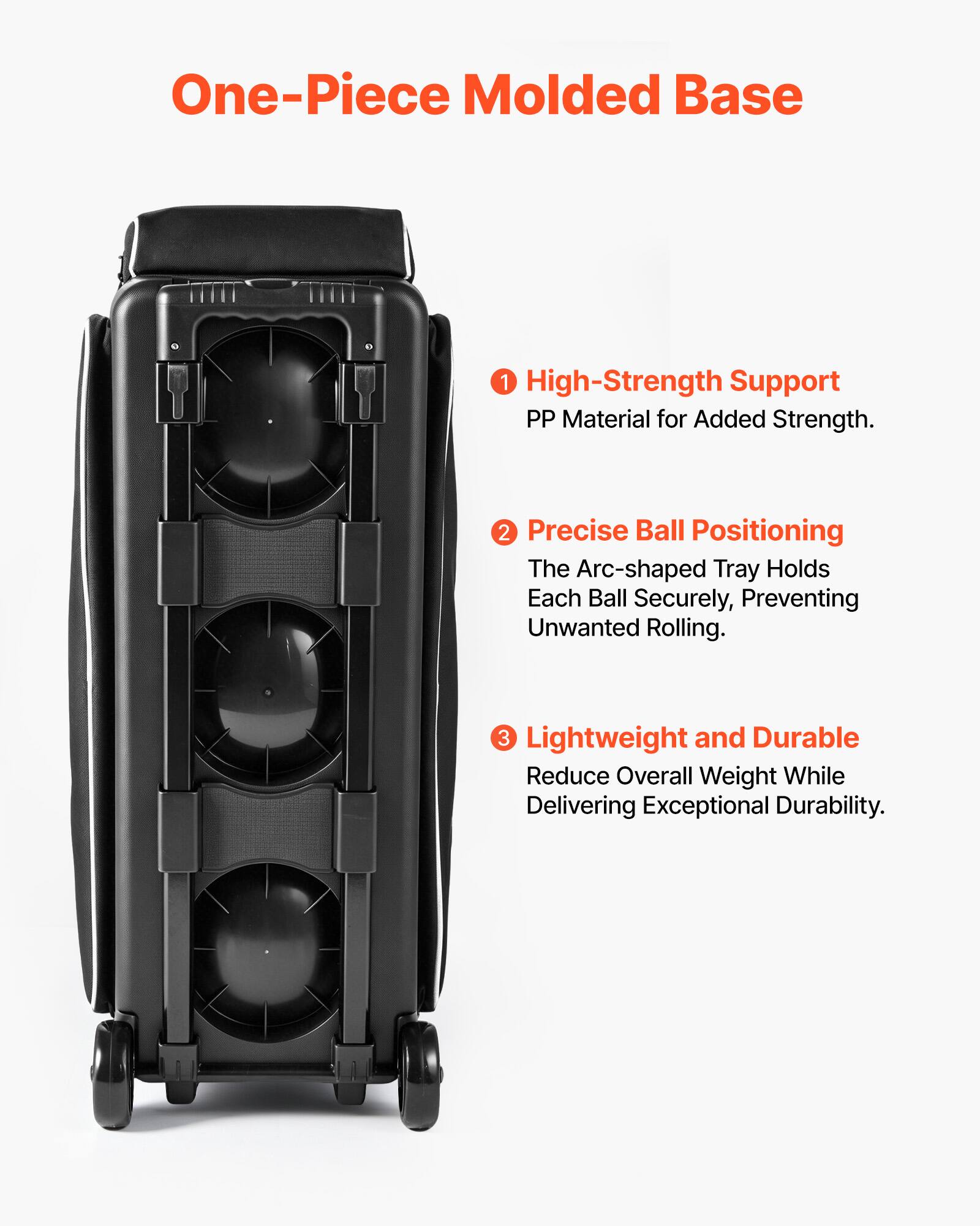 One-Piece Molded Base

1. High-Strength Support
   - PP Material for Added Strength.

2. Precise Ball Positioning
   - The Arc-shaped Tray Holds Each Ball Securely, Preventing Unwanted Rolling.

3. Lightweight and Durable
   - Reduce Overall Weight While Delivering Exceptional Durability.