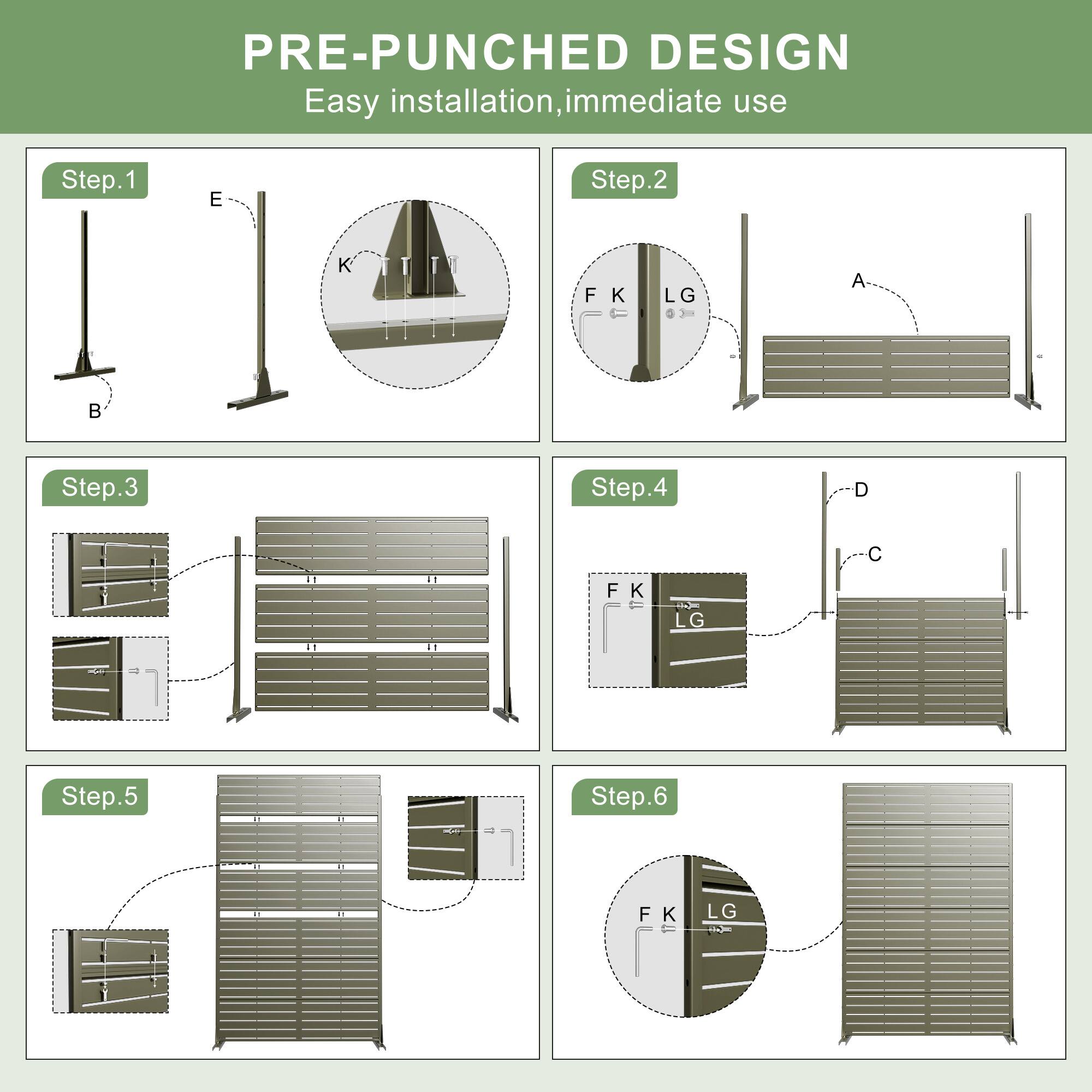 PRE-PUNCHED DESIGN  
Easy installation, immediate use  

Step.1  
E  
B  

Step.2  
A  
F K  
LG  

Step.3  
D  
C  
F K  
LG  

Step.4  
D  
C  
F K  
LG  

Step.5  
F K  
LG  

Step.6  
F K  
LG