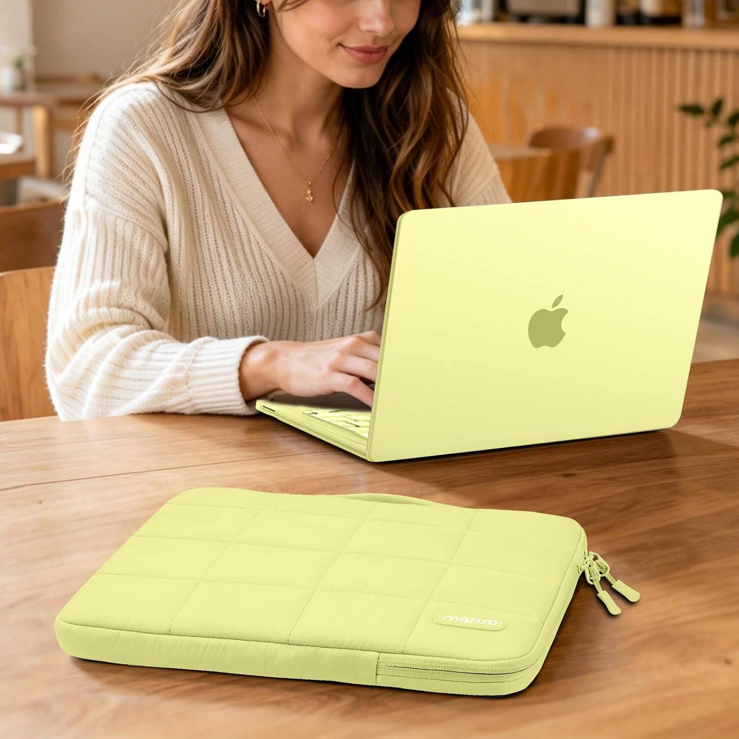 Left. mosiso - 5-in-1 Case Kit for MacBook Neo 13-Inch A3404 2026, Hard Shell&Sixteen Grid Puffy Bag&Keyboard Skin&Type C&Screen Film - Citrus.