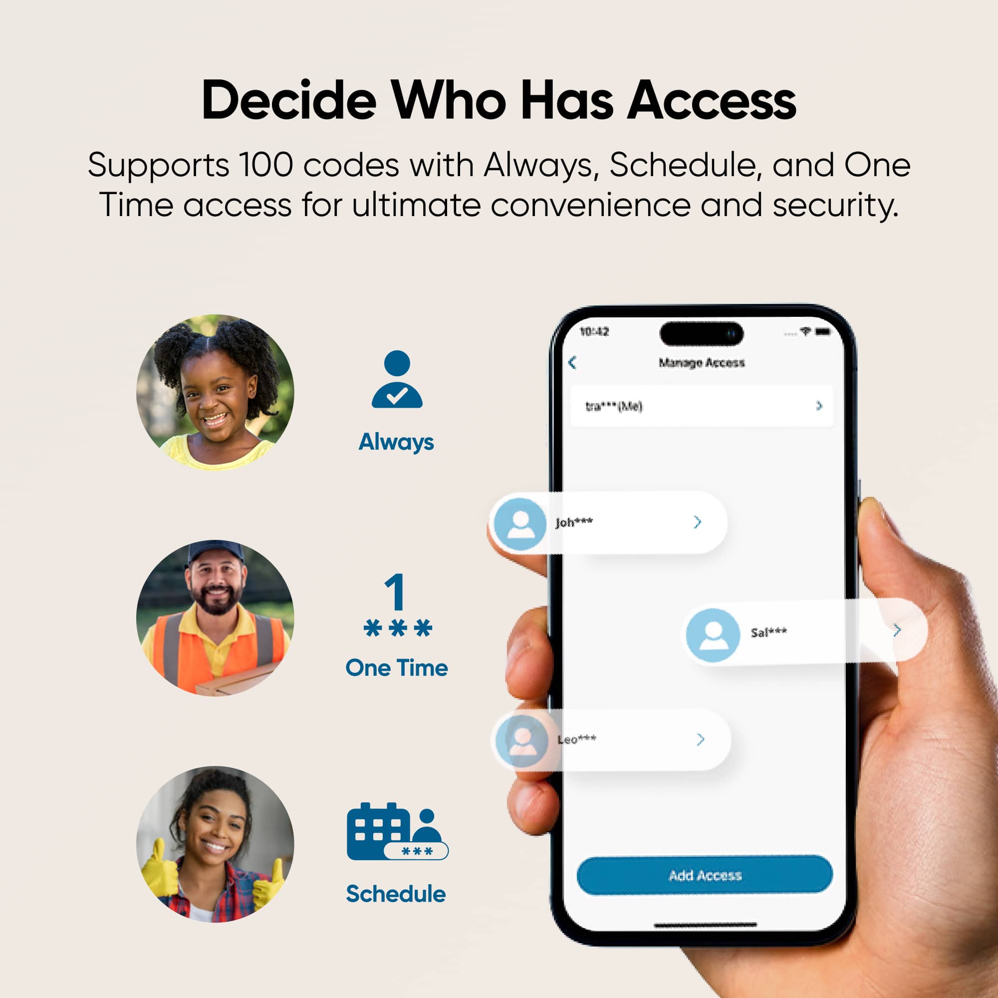 Decide Who Has Access Supports 100 codes with Always, Schedule, and One Time access for ultimate convenience and security.
10:42 Manage Access tra Always Joe.
1 Schedule One Time Leo.
Add Access